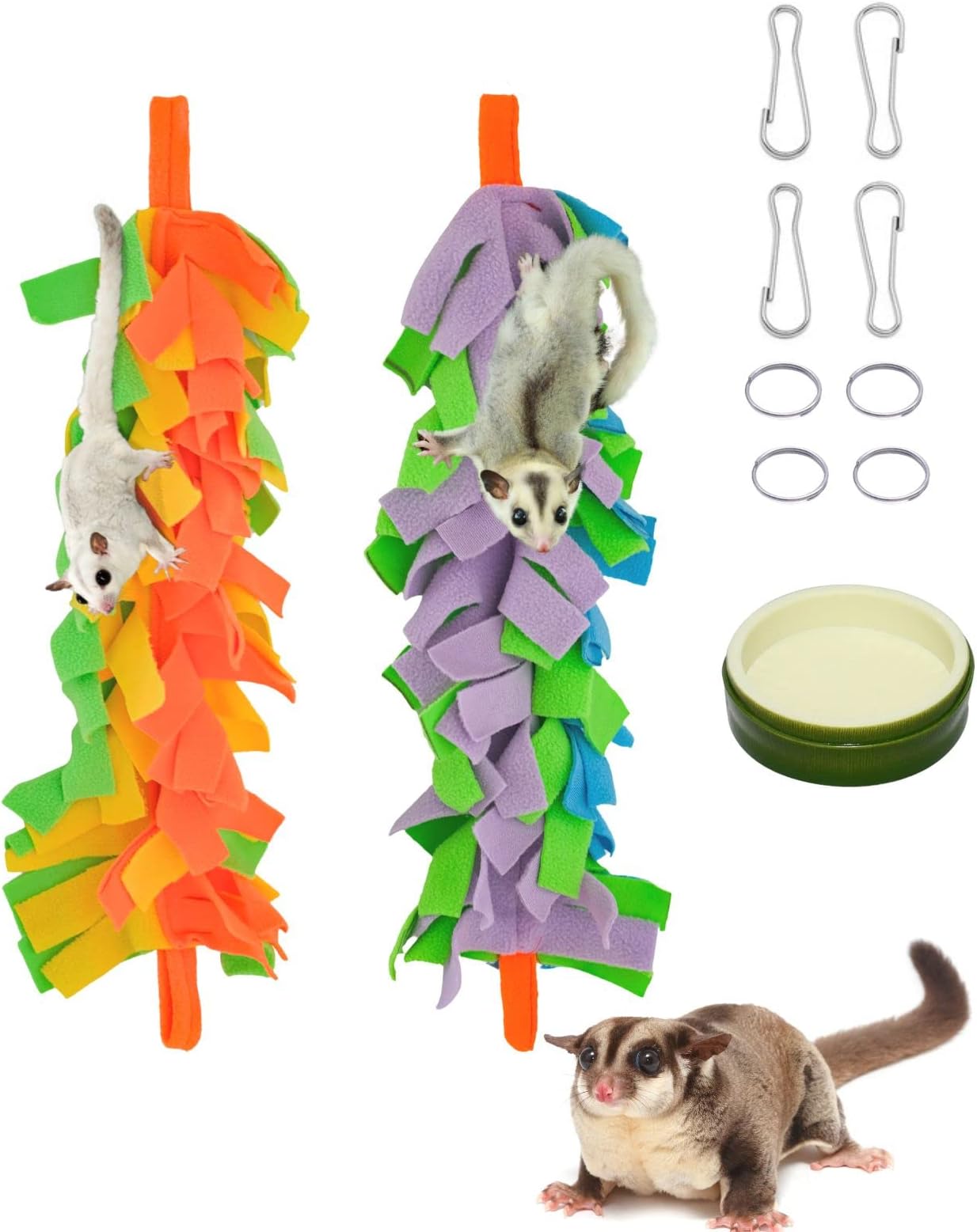 FABMODE 2 Packs Small Pet Toys, Sugar Glider Cage Accessories, Climbing Toys Swing Toys, Suitable for Ferret Birds Parrots Hamster Squirrel Chinchilla Guinea Pigs (with one Water Bowl)