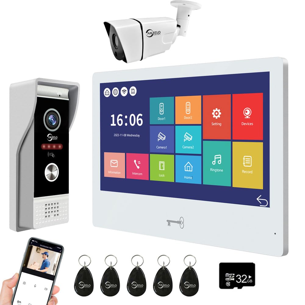 ANJIELO SMART Wired Video Door Phone Apartment Intercom System,WiFi 10 Inch Touch Monitor with 1080P Doorbell Camera,HD Camera,RFID Card Unlocking for