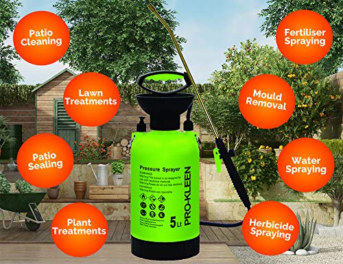 Pro-Kleen Garden Pressure Pump Sprayer Manual Action 5L - Brass Lance - 2 X Spare Seal Kit - For Weed Killer, Pesticides, Herbicides, Insecticides (5 Litre), Black - 4