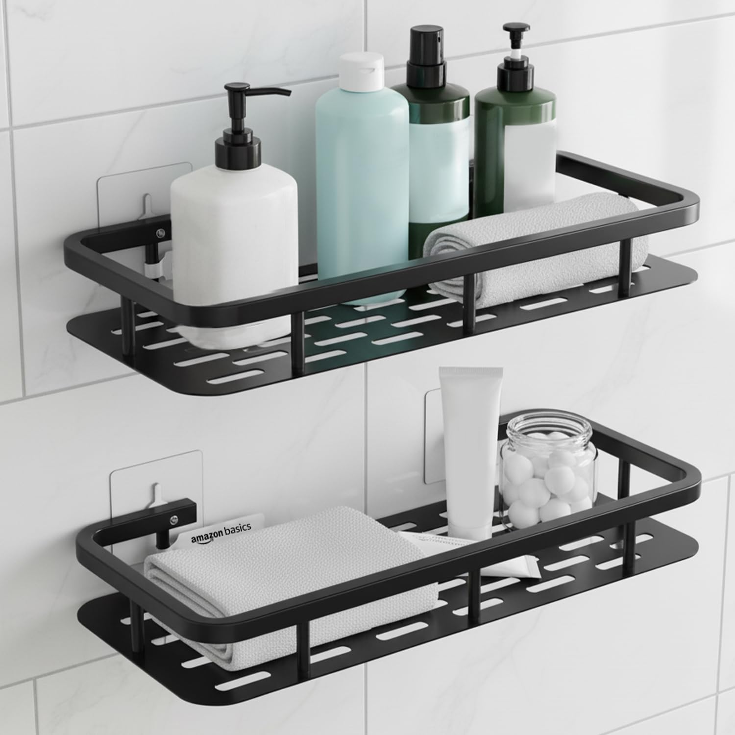 Amazon Basics Wall Mounted Bath Rack – Self adhesive | Mild Steel Bathroom Organizer Shelf for Shampoo, Soap & Accessories | Rust-Resistant, Lightweight & Easy to Maintain – 30.1 x 13 x 4 cm, Pack of 2, Black