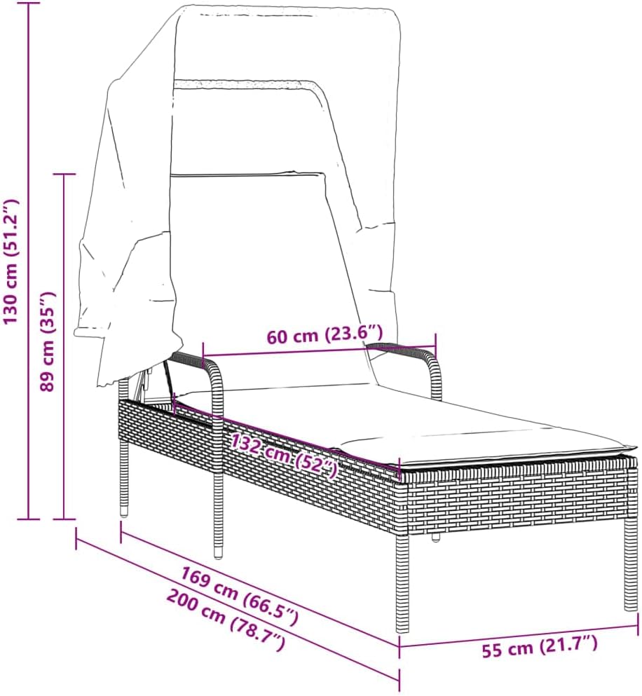 vidaXL Sun Lounger with Canopy and Table, Sun Bed, Garden Lounger, Patio Furniture, Outdoor Lounge Bed, Modern Style, Gray Poly Rattan