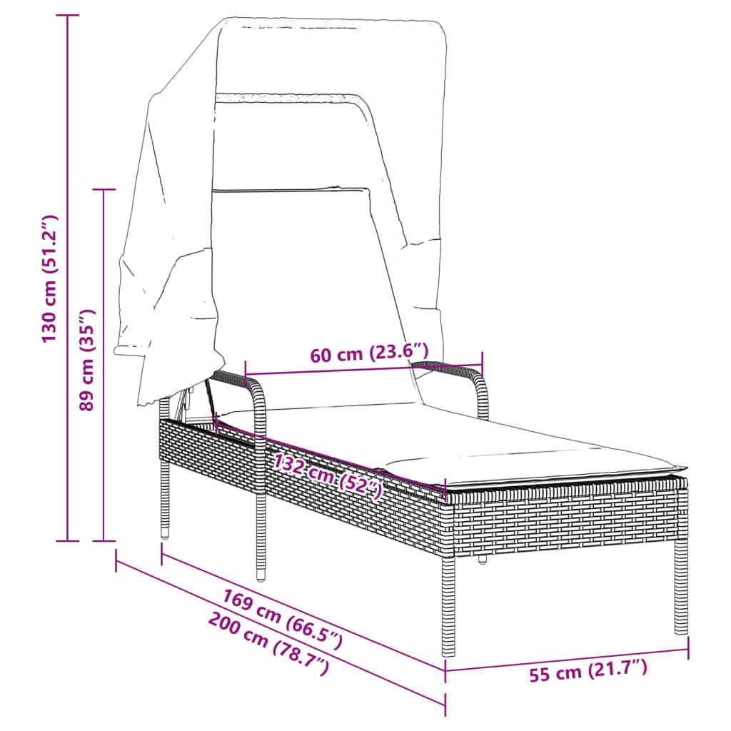 Tumbona con techo, color beige poli ratán 62 x 200 x 130 cm, respaldo ajustable, resistente a los rayos UV, incluye almohada, para jardín, terraza, piscina, silla de salón de gravedad cero al