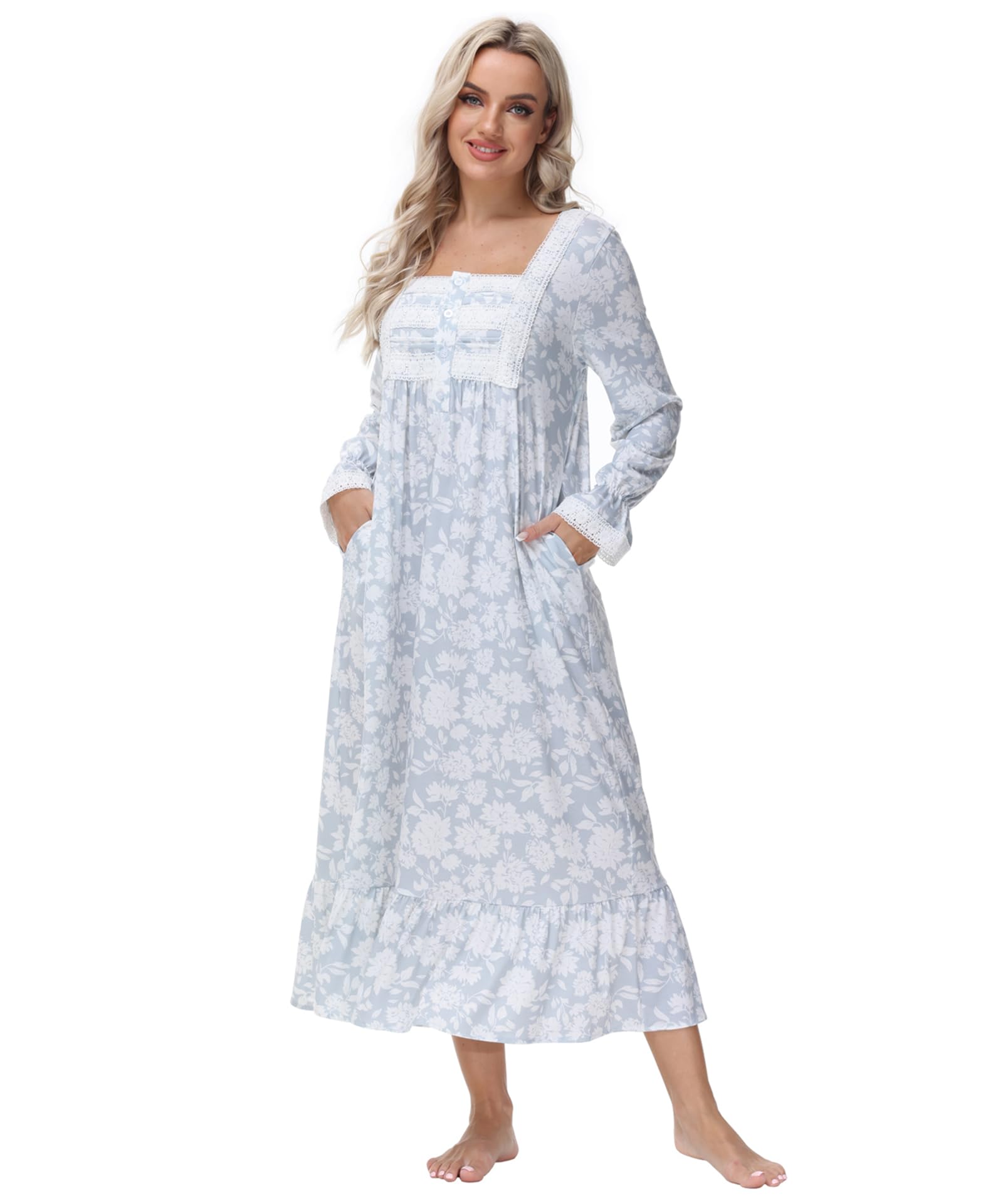 Camisones de Mujer de algodón Suave, cálido, cómodo, Manga Larga/Corta, camisón para Mujer, Ropa de Dormir de Encaje con Volantes