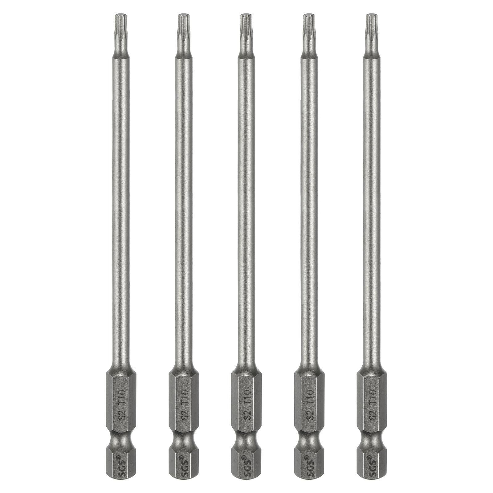 sourcing map 5pcs T10 Torx Head Screwdriver Bit 1/4" Hex Shank 4.3" (110mm) Long Magnetic No Hole Tip Tamper Proof 6 Point Star Screw Driver Drill Bits S2 Steel Industrial Power Screwdrivers