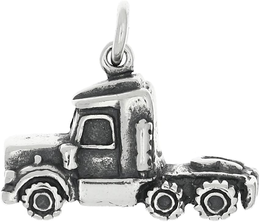 LGU Sterling Silver Oxidized 3D Semi Truck Bobtail Charm