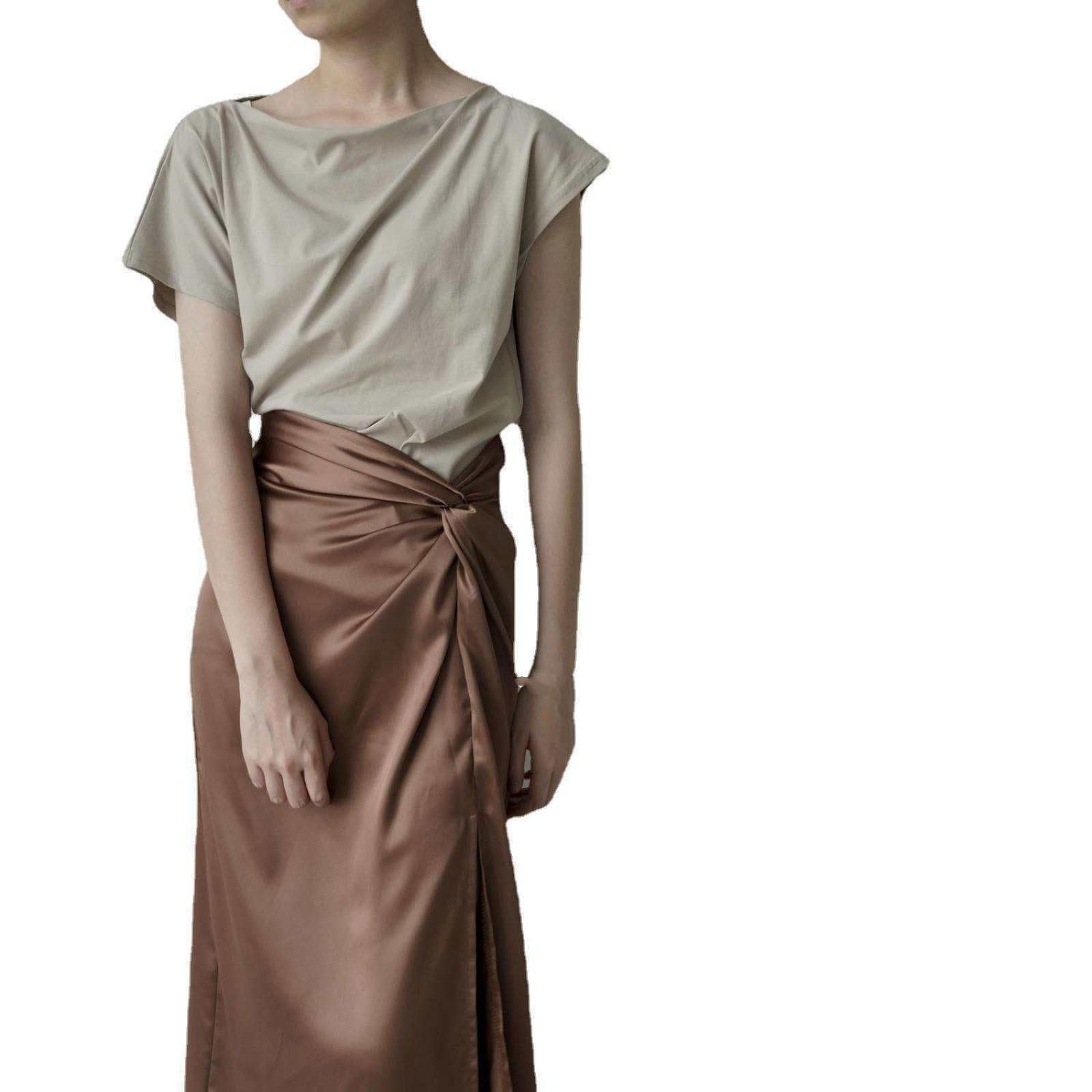 Jupe De Hanche Taille Haute en Satin Marron pour Femme - Conception Croisée Texturée D'Été Jupe Sexy À Fente Latérale sur Le Genou, Jupe Trapèze À La Mode Et Douce pour La Peau,Coffee,