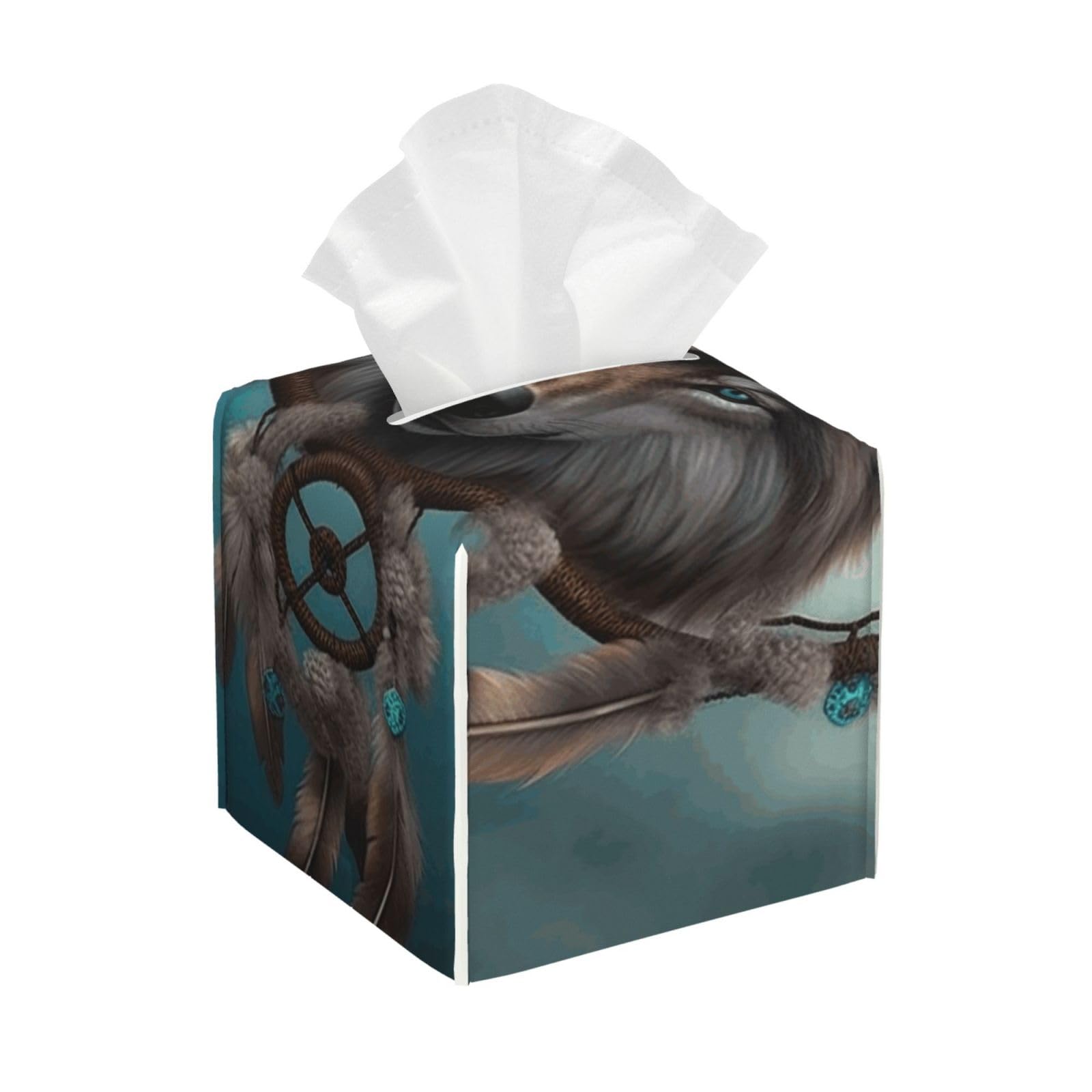 Pu Leather Cube Tissue Box Holders Modern Waterproof Square Tissue Box Cover 3D Wolf Dream Catcher Facial Paper Holder for Bathroom Kitchen Nightstand Office Home Decor