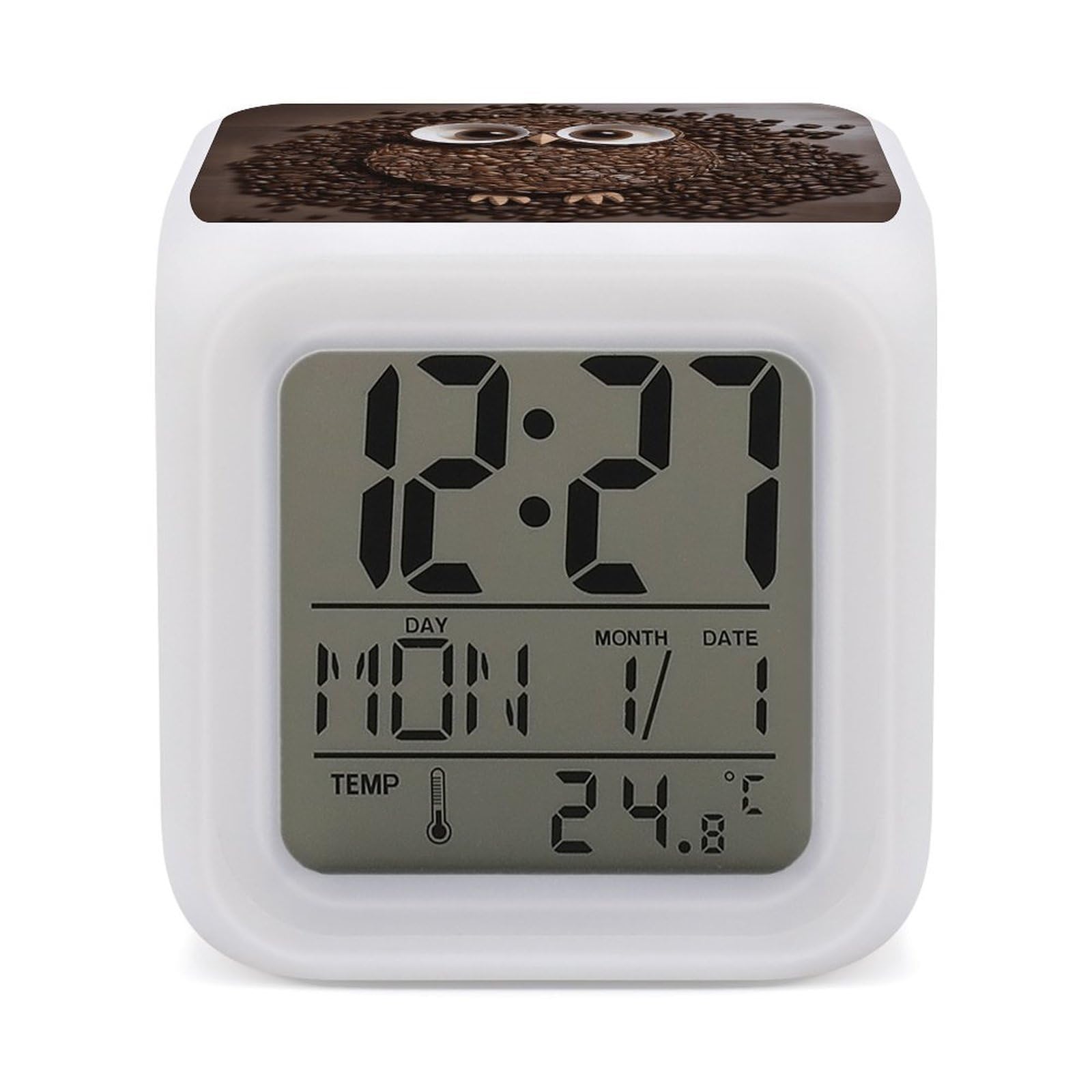 VstaDank Coffee Bean Owl Alarm Clock for Bedrooms Small Clocks with 7 Color Night Light Desk Clock with Large Numbers Loud Wake Up Timer Ideal for Gift & Room Decor