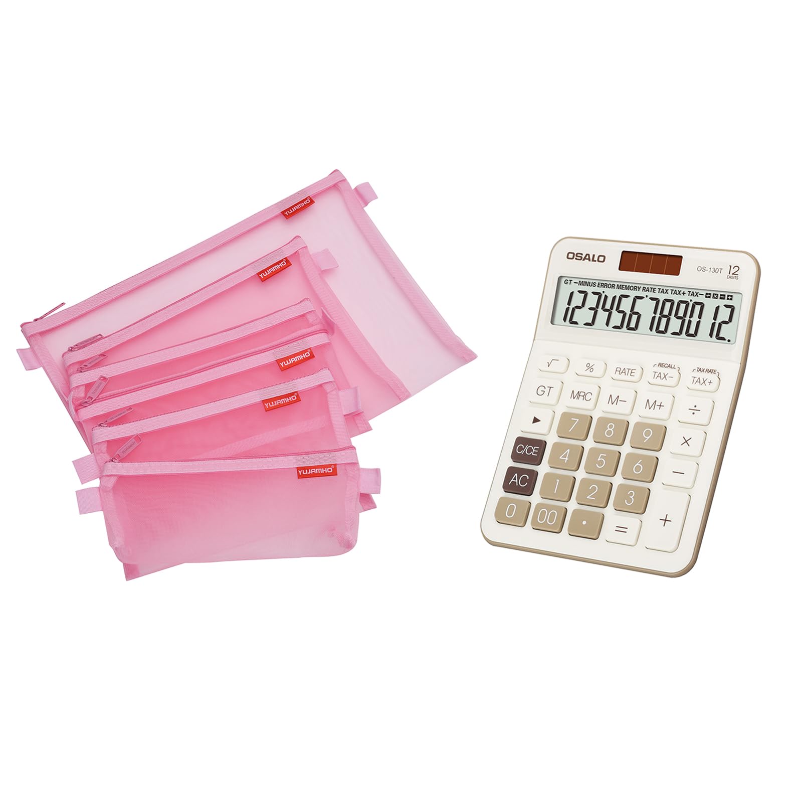 Pocket Small Size Desk Calculator and Mesh Zipper Pouch Bundle