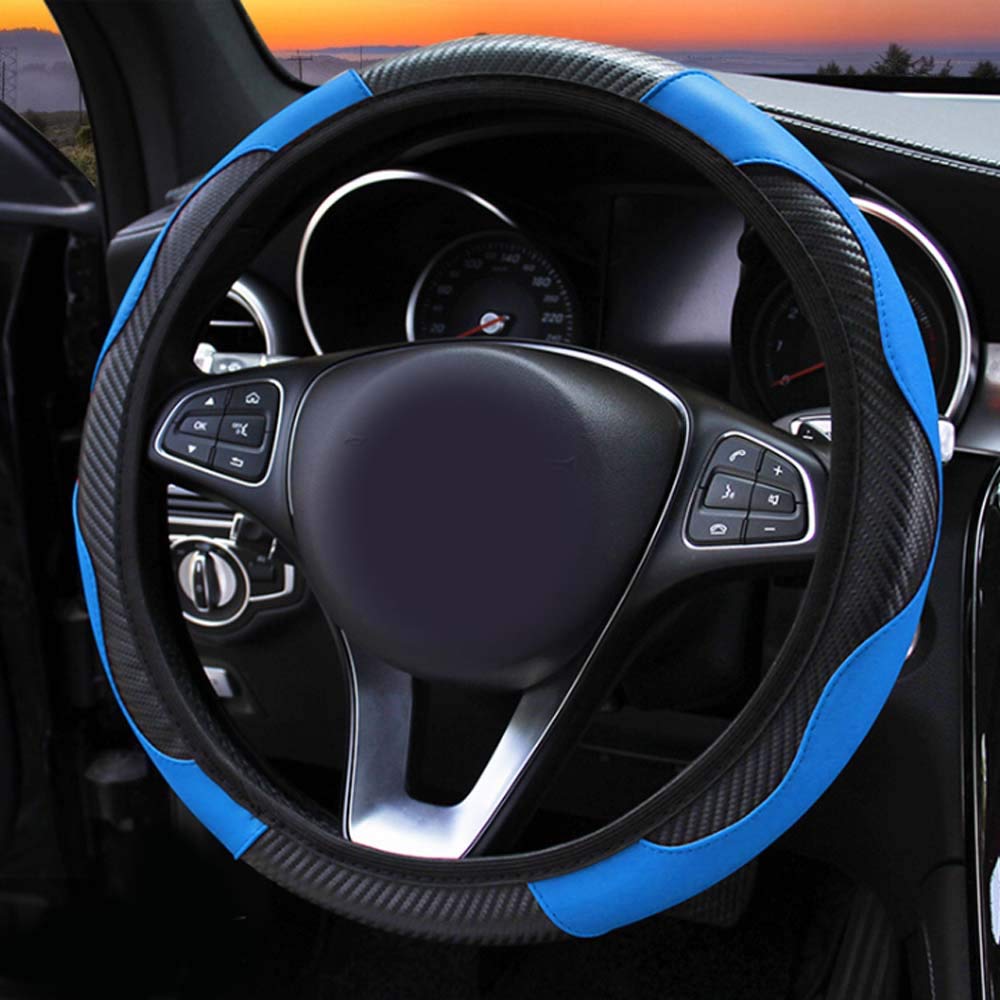 Carbon pu Leather Elastic Basic Car Steering Wheel Cover Grip Universal 38cm 15inch (Blue)