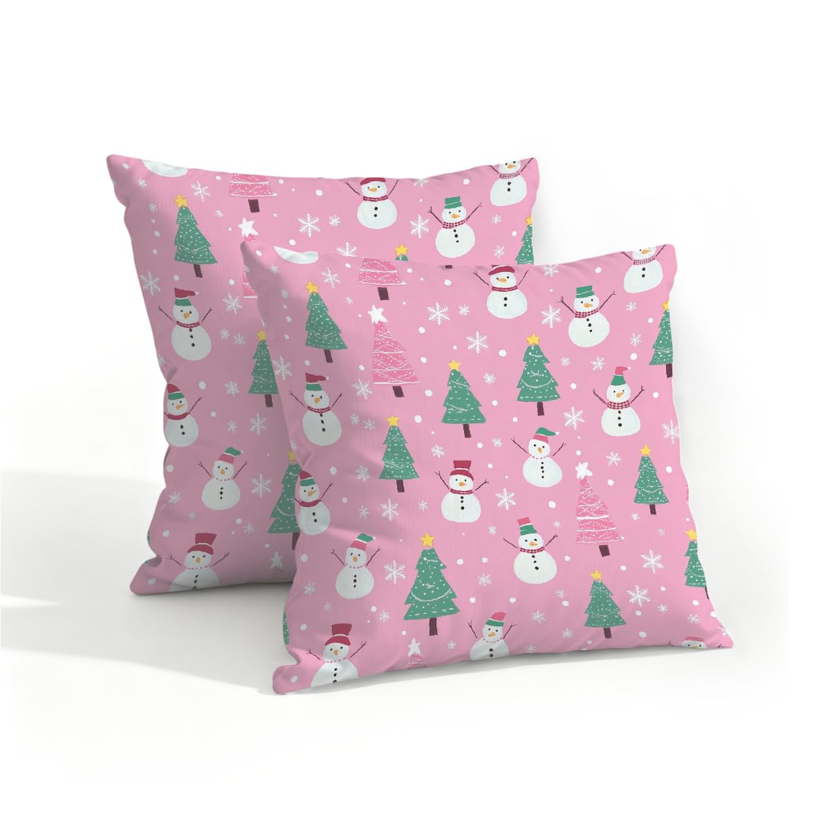 Outdoor Pillow Covers Waterproof Pillowcases 16x16IN Set of 2 Christmas Tree Snowman On Pink Decorative Throw Cushion Case for Couch Sofa Garden Patio Furniture