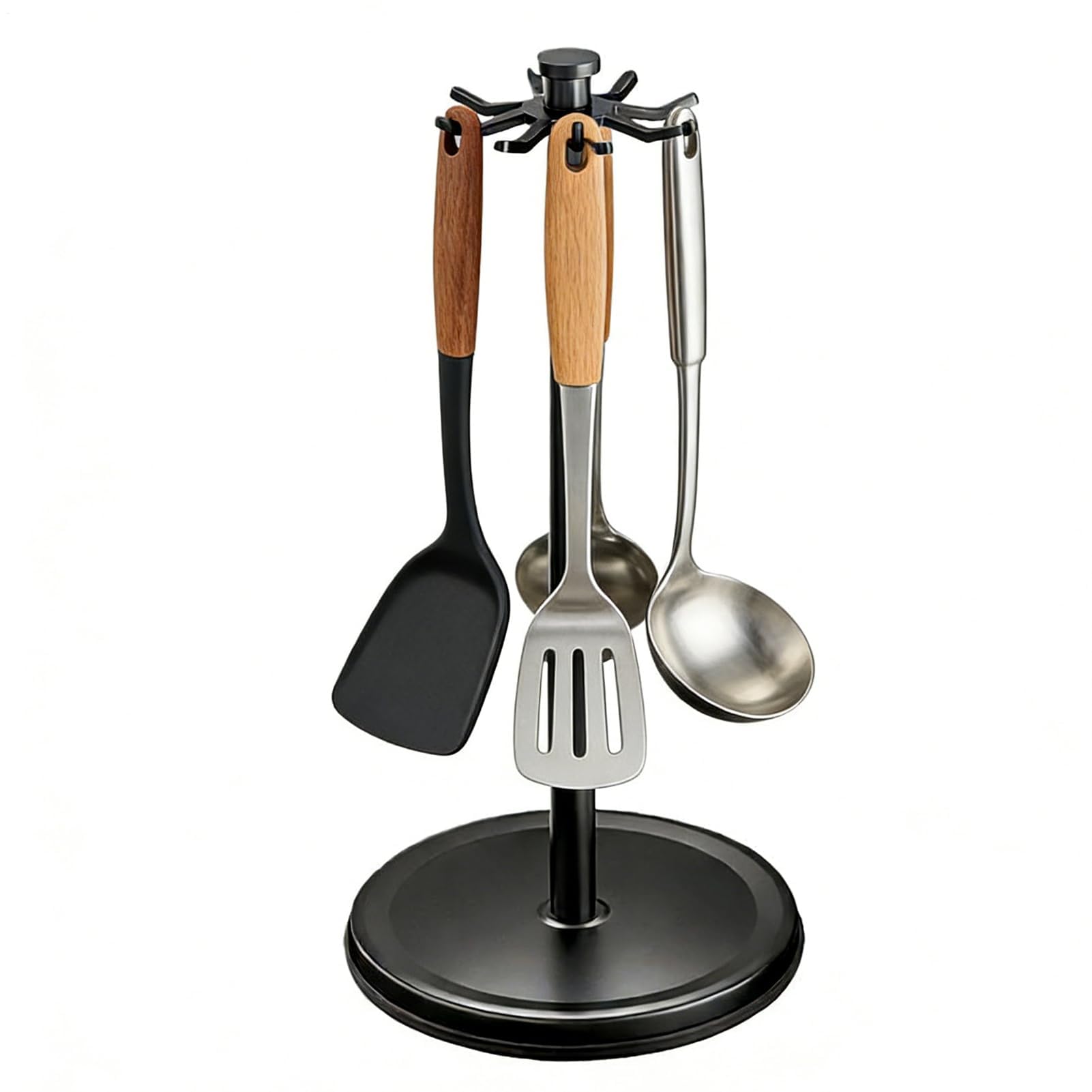 aufbewahrung mit 8 Haken | Drehbarer Pfannenwender-Ständer | 360° Silikon-Halter für Rührstäbe und Löffel | Ideal für Zuhause, Restaurant und Schreibtisch