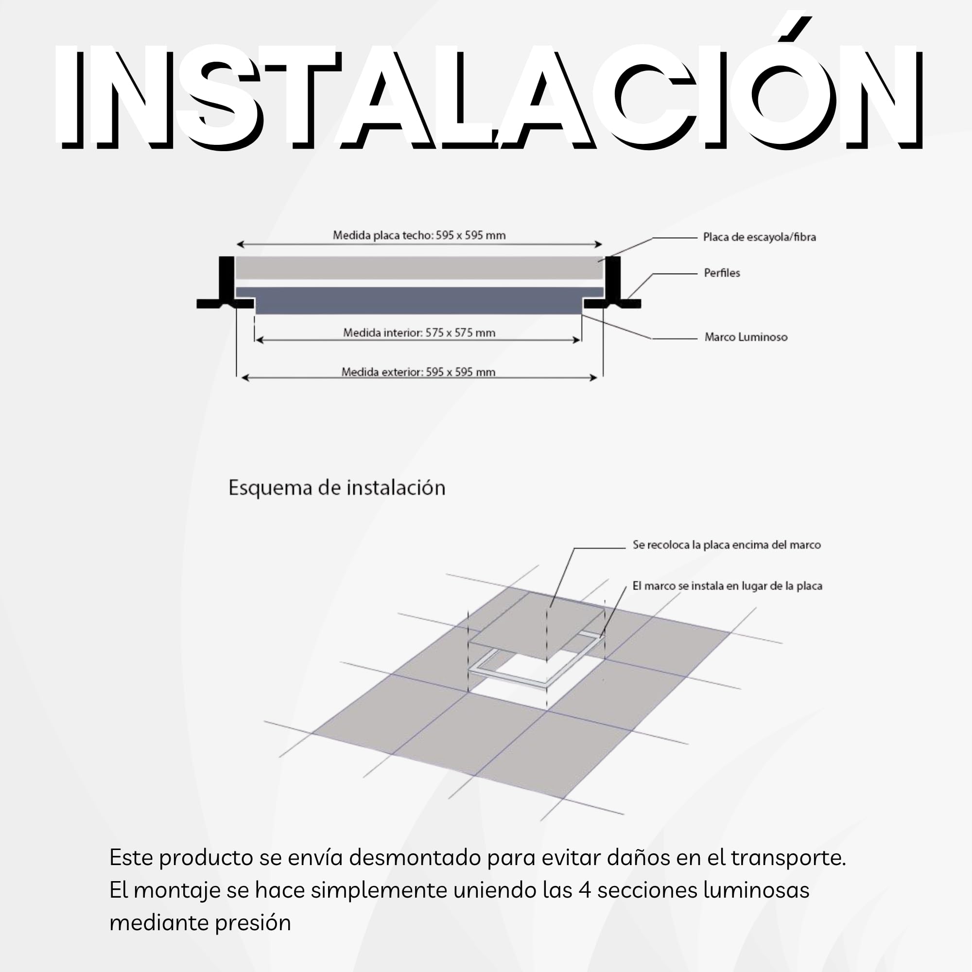 Panel Marco luminoso LED 60x60 48W Desmontable para techo técnico de placas. Iluminación eficiente para oficinas y comercios. Luz Neutra (4000ºK) - Garantía Europea 3 años