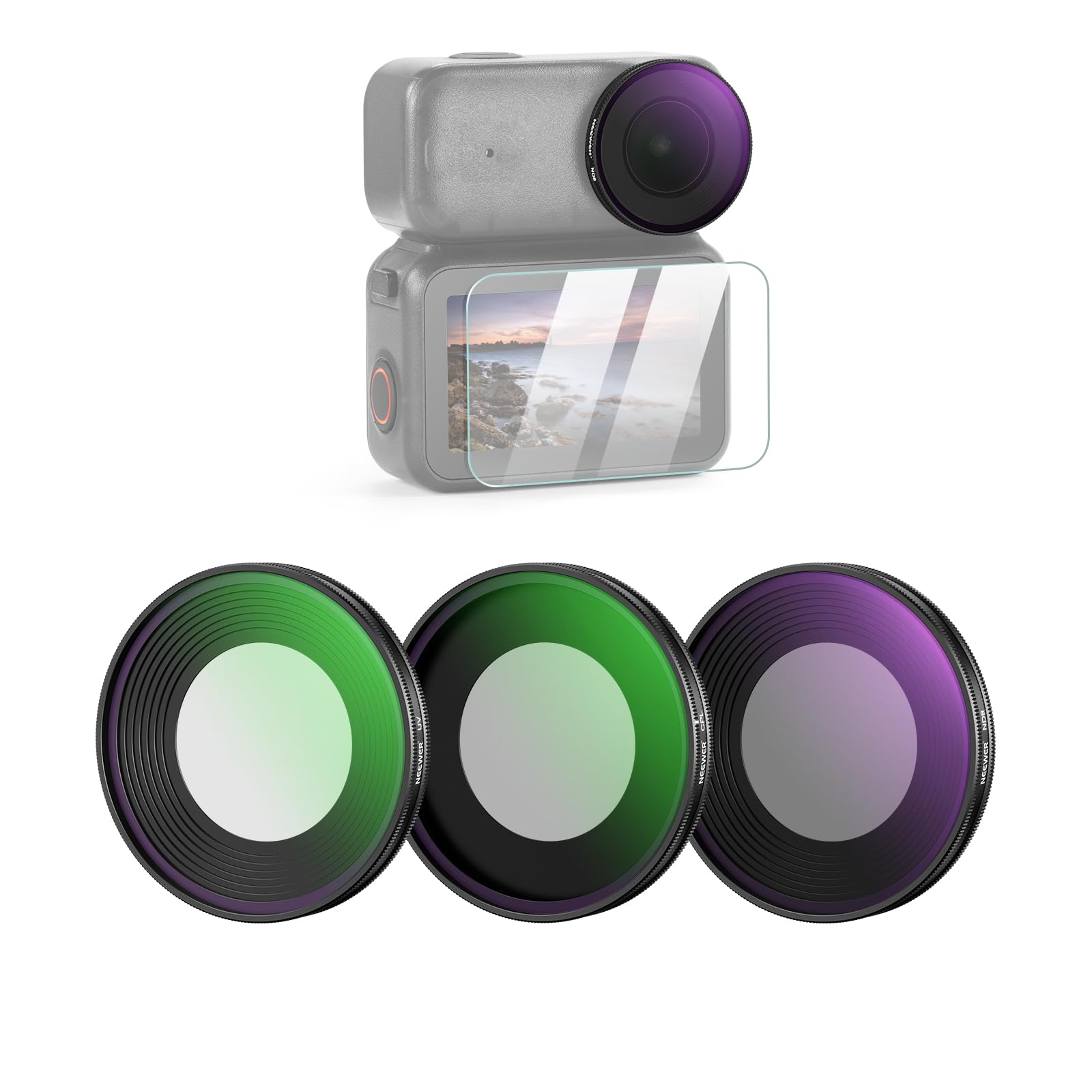 NEEWER ND Filter Set Compatible with dji Osmo Nano (ND8/UV/CPL), Screw On Action Camera Lenses Neutral Density Polarizer Multilayer Filter Optical Glass Accessories with Screen Protector, 3 Packs