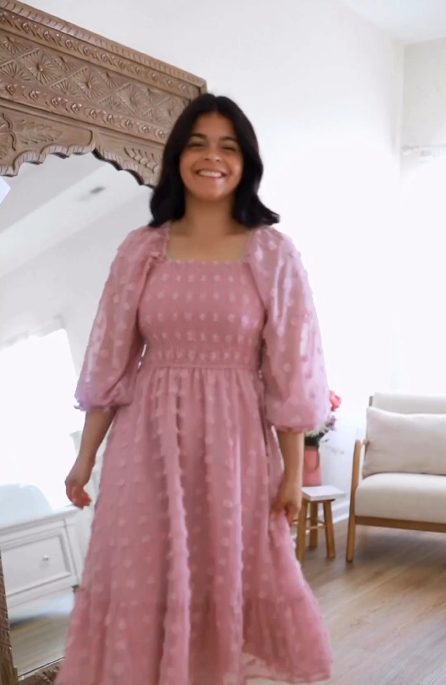 Amegoya Women's Boho Flowy Maxi Dress - Long Sleeve Square Neck Floral Ruffle Tiered Dress (Pink, Medium)