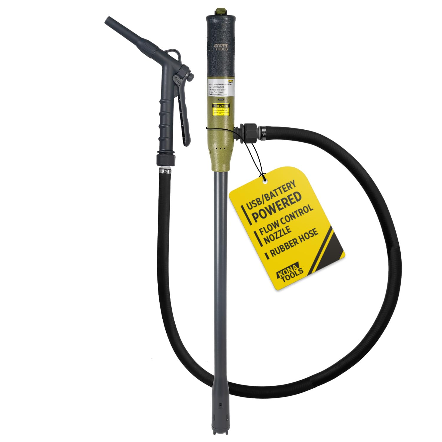 KONA TOOLS Portable Fuel Transfer Pump w/Rubber Hose KTEP01MRUSB – Battery & USB-C Powered | Safety Nozzle, Heavy Duty 4.3ft Hose | Transfers Gas, Diesel, DEF, Water | Fits 3–20 Gallon Barrels