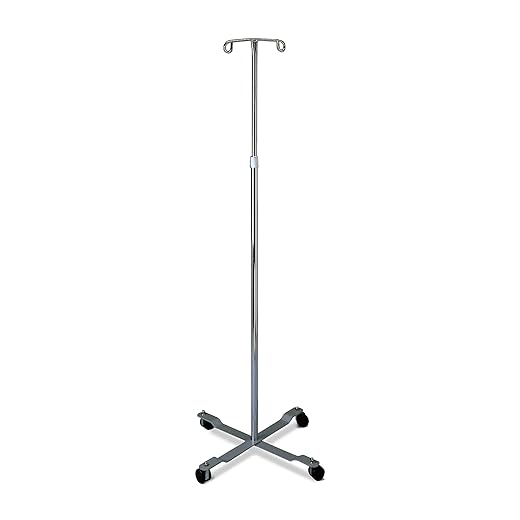 Medline 4 Leg IV Poles Stand, 2 Hook, 4 Caster, Chrome, 47 to 85" Adjustable Height