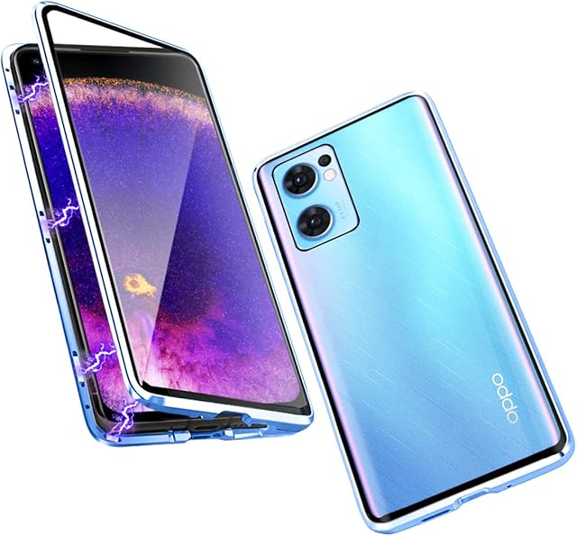 DOCOO Case Compatible with Oppo Find X5 Lite, Magnetic Adsorption 360 Protection Front Back Tempered Glass Aluminum Frame Cover Transparent Shockproof Case, Blue