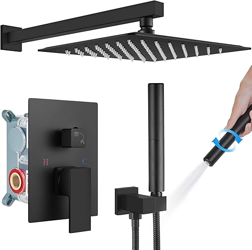 Juego de grifo de ducha negro mate de 12 pulgadas, cabezal de ducha cuadrado para montaje en pared, sistema de ducha de lluvia SUS304, kit de