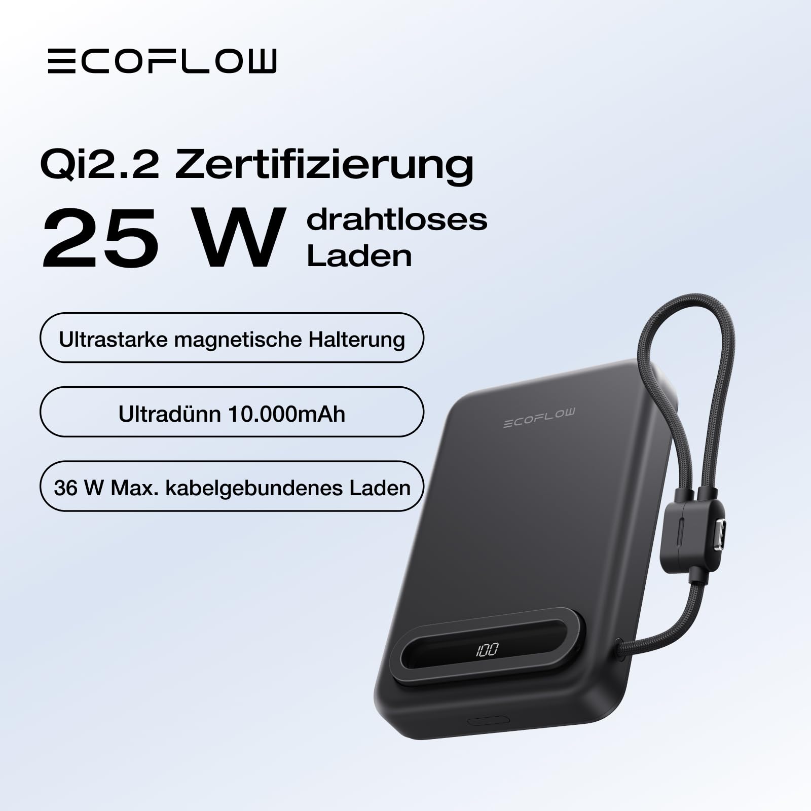EcoFlow Qi2.2 Magsafe Powerbank 10000mAh 25W mit USB C 36W Kabel, Qi2.2-Zertifiziert Magnetische Power Bank Kabelloses Wireless Tragbares Ladegerät für iPhone 17/16/15 Pro Max, Schwarz