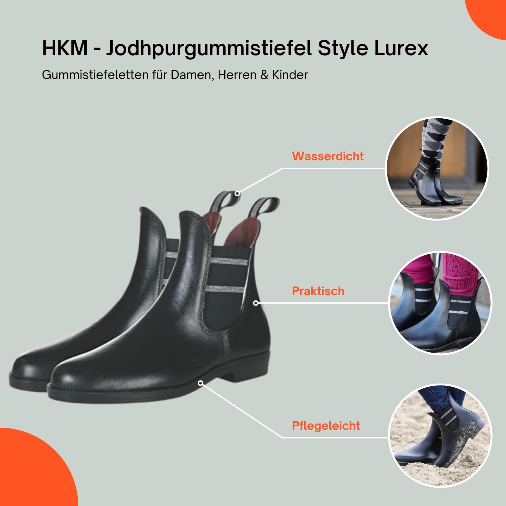 HKM - Jodhpurgummistiefel Style Lurex | Gummistiefeletten für Damen, Herren & Kinder | Regenstiefeletten mit Elastikeinsatz | wasserdichte Jodhpur-Stiefelette in Schwarz | Größe 30-45