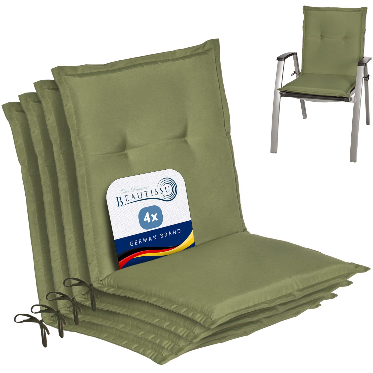 Beautissu Lowback Outdoor Chair Cushions 100x50x6 cm Loft NL - Set of 4 Seat Cushions for Garden Chairs with Backs Recliner Patio Chair Sunbed Bench - Olive Green