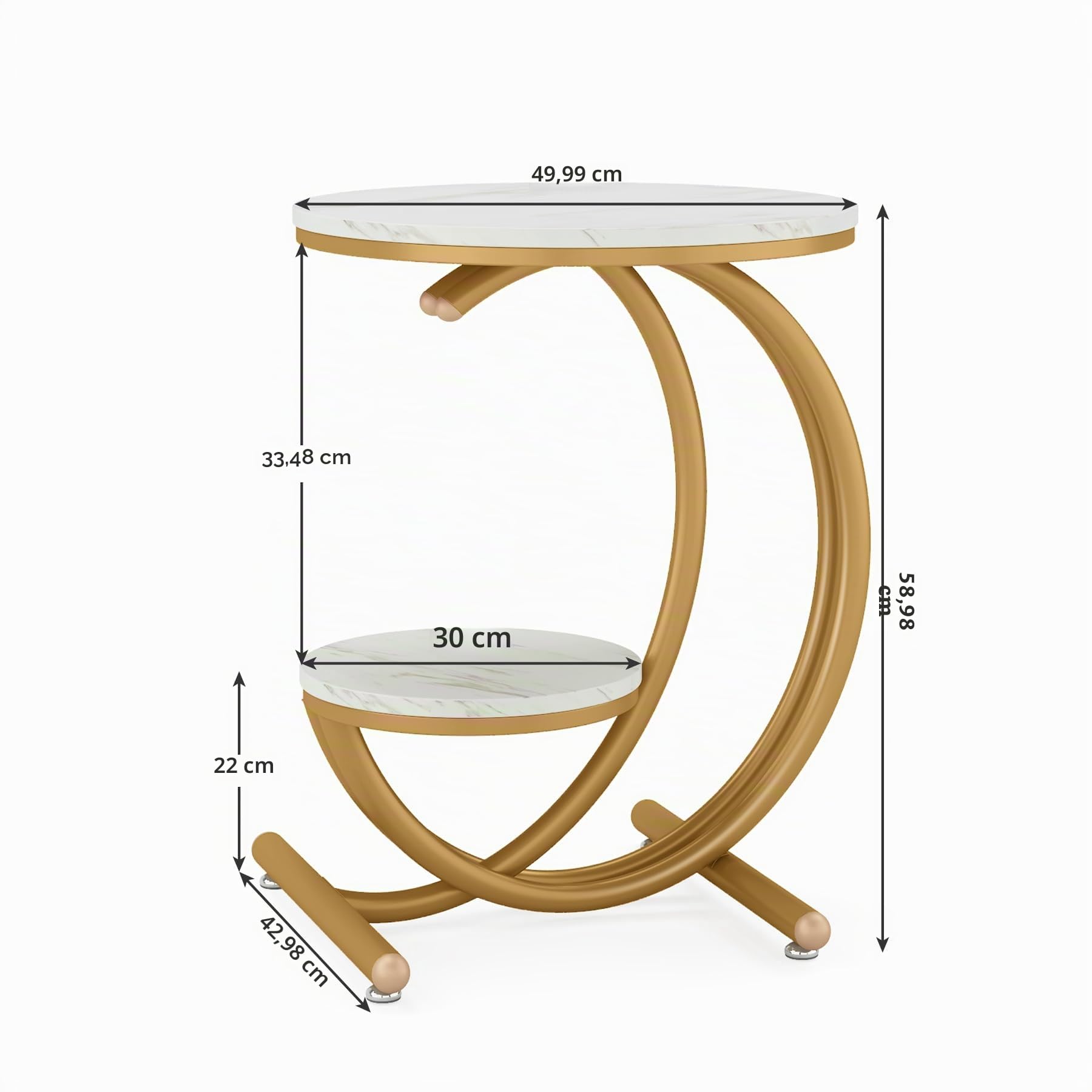 Tribesigns Tavolino in finto marmo, moderno tavolino rotondo a 2 livelli con struttura a forma di C, tavolino da caffè piccolo per soggiorno, camera da letto, piccoli spazi, bianco/oro (1)
