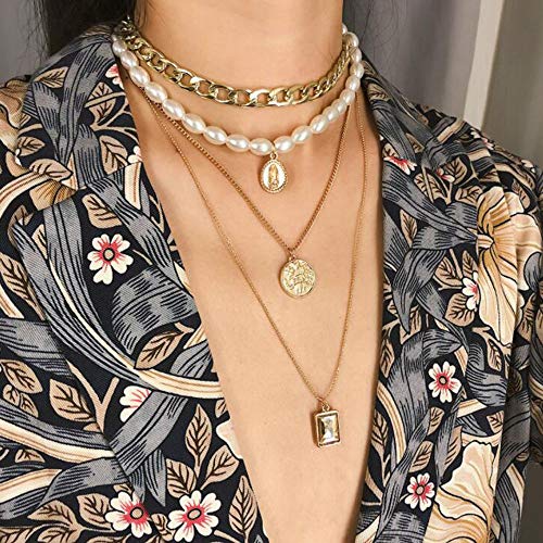 BERYUAN Women Gold Halloween Multi Layer Multi Strand Chain Pearl and Coin Pendant Punk Necklace For Woman Teens Trendy Necklaces Pendants Charms