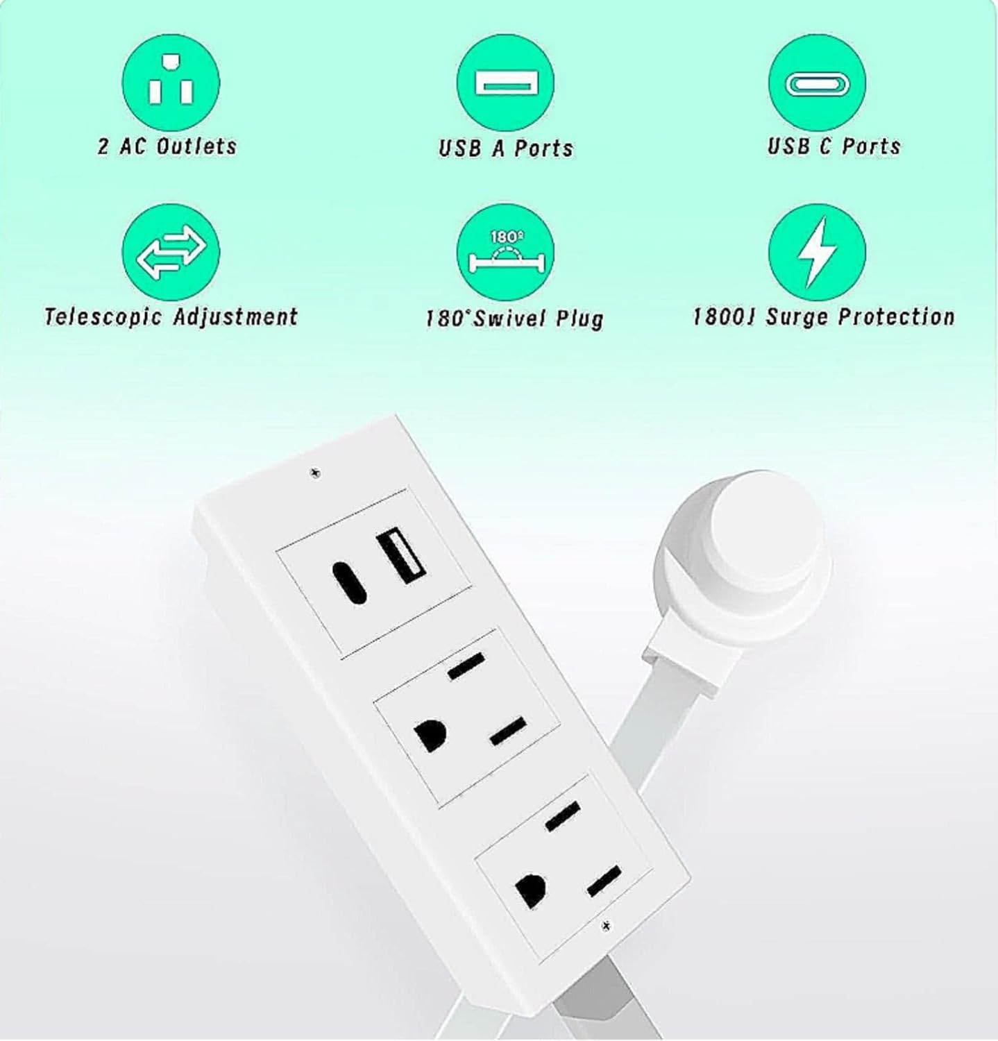 180° Rotating Outlet Extender with 22"-30" Adjustable Extension Cord | 2 AC Outlets + USB-A/USB-C Fast Charging | Fire-Resistant & Overload Protection | for Tight Spaces Behind Couches, Beds, Desks