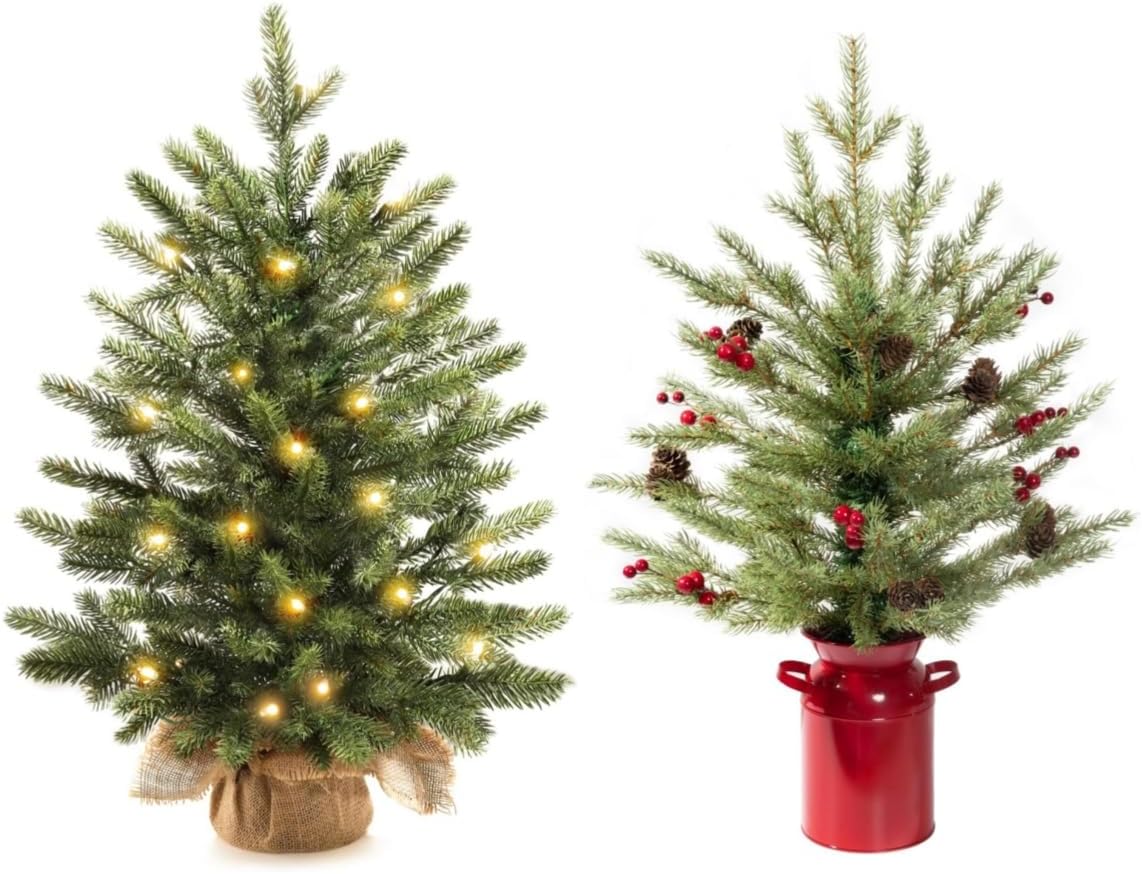 2ft Mini Christmas Trees and 2ft Tabletop Fake Tree with Red Pot, Pine Cones, Berries Decor