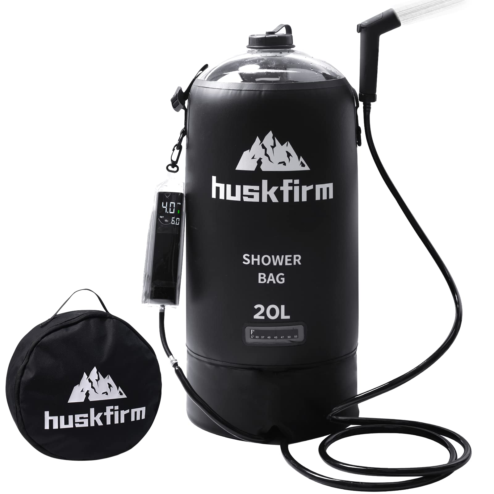 Huskfirm Portable Shower,5 Gallons/20L Camping Shower Bag with Electric Air Pump,Water Level