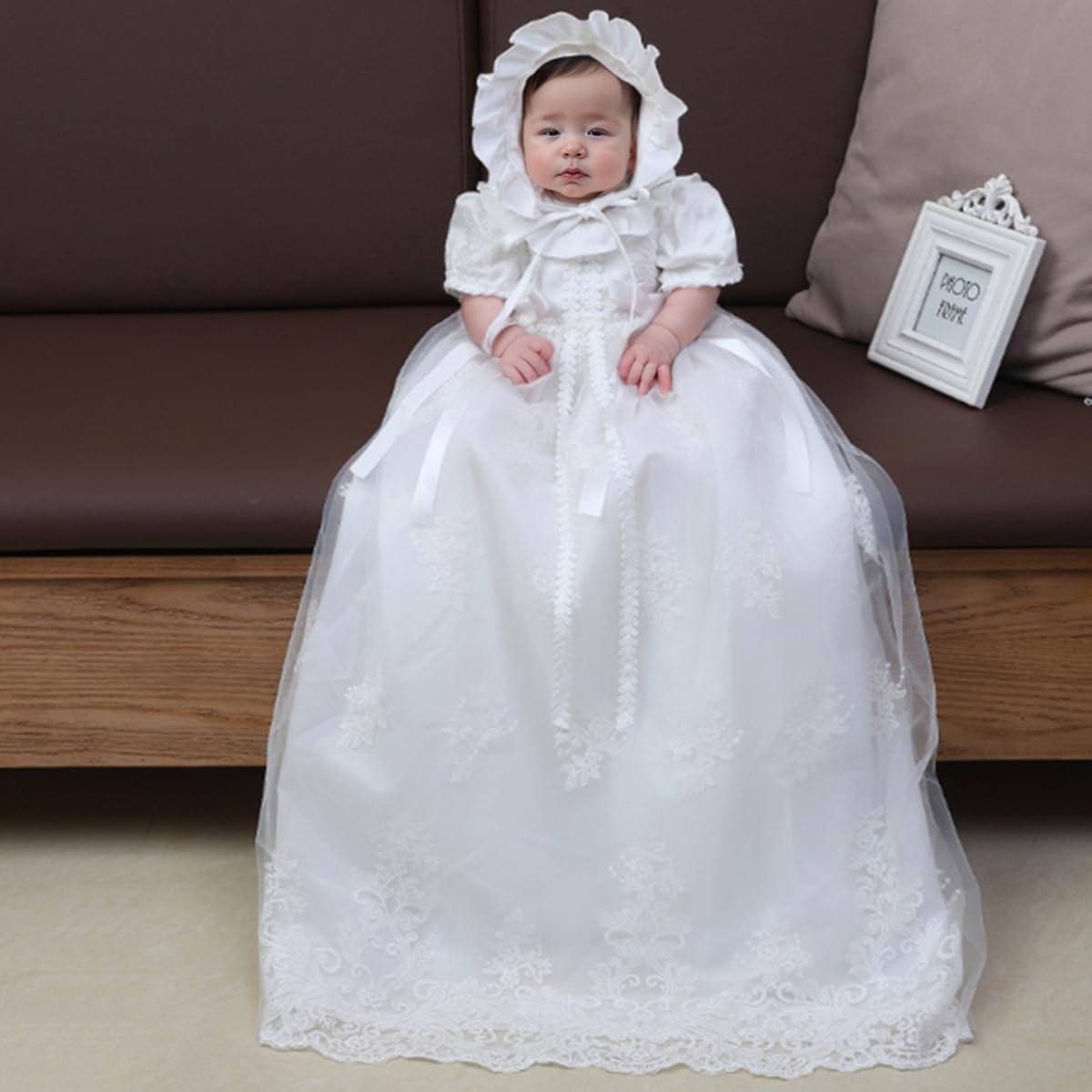 Vestido de bautizo para bebé y niña, con bordado floral, con capó