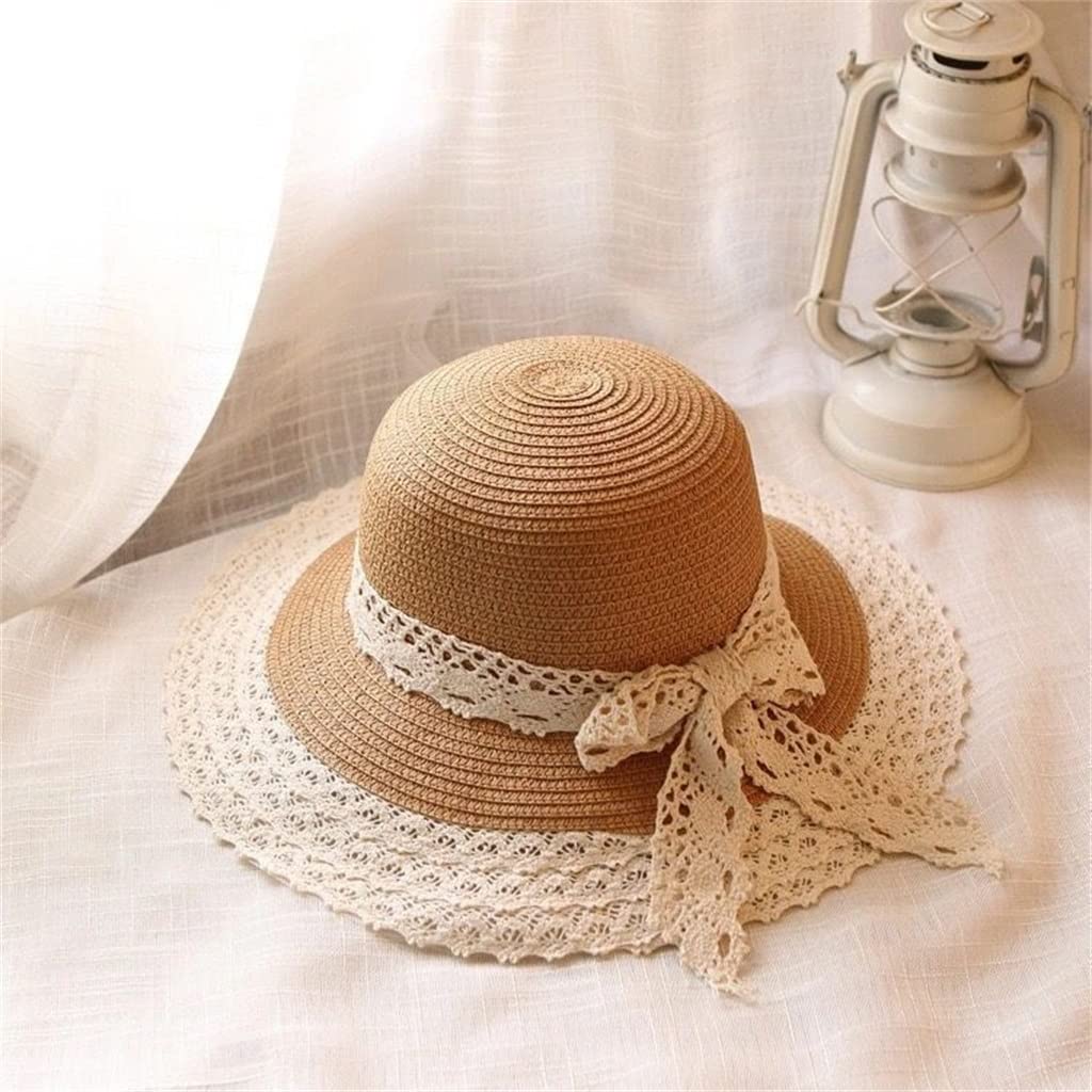 YXWYXWA Cut-Out Lace Bow Seaside Holiday Fisherman Hat Women's Outdoor Straw Hat Sun Visor Hat Summer
