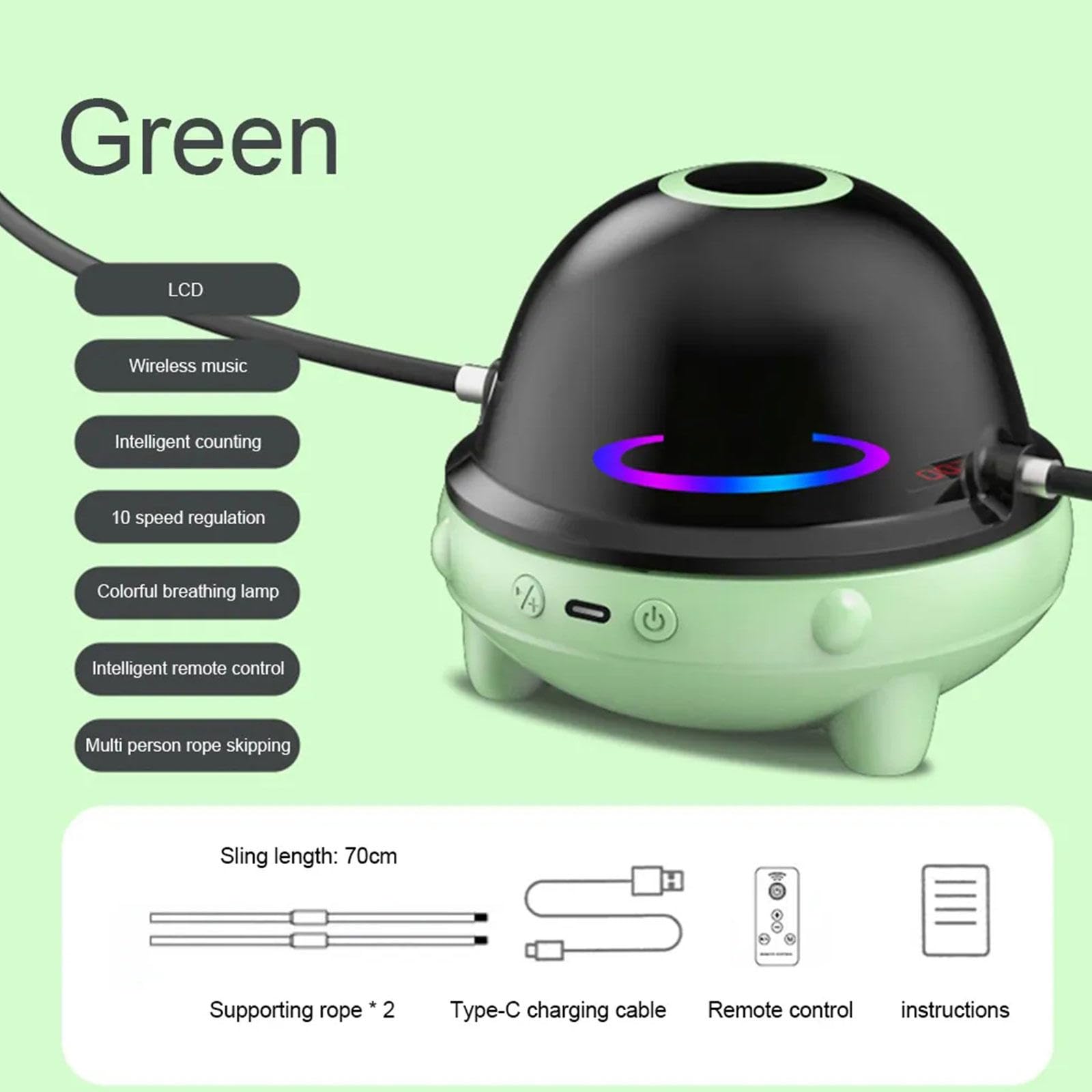 Inteligentna Maszyna Do Skakania Po Linie, Elektroniczna Skakanka Fitness Dla Dorosłych Dzieci, Elektryczna Skakanka Z Liczeniem, 10 Prędkościami, Muzyką Bluetooth, Pilotem,Green