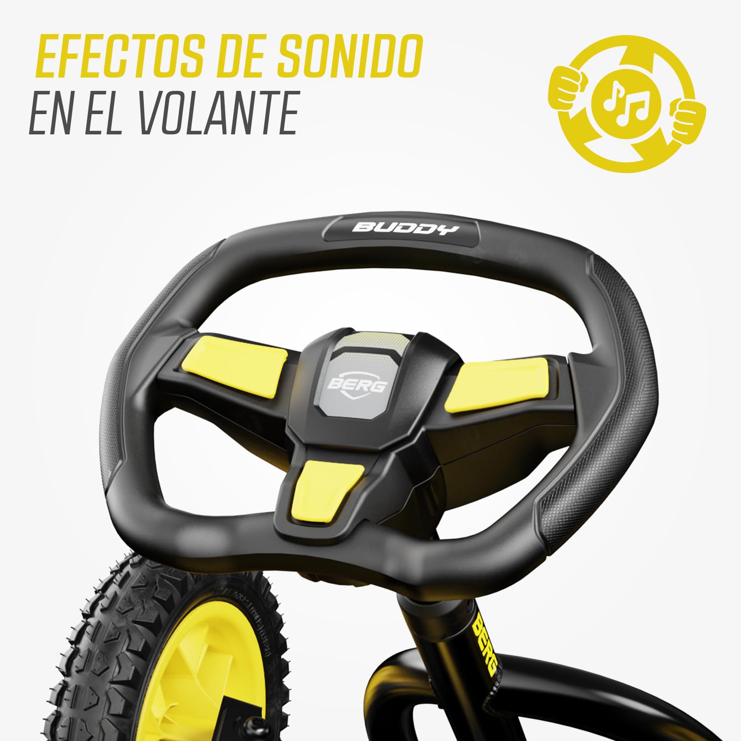 BERG Kart a Pedales Buddy Cross | Amarillo, 3-8 años, cuadro resistente, asiento regulable, volante regulable
