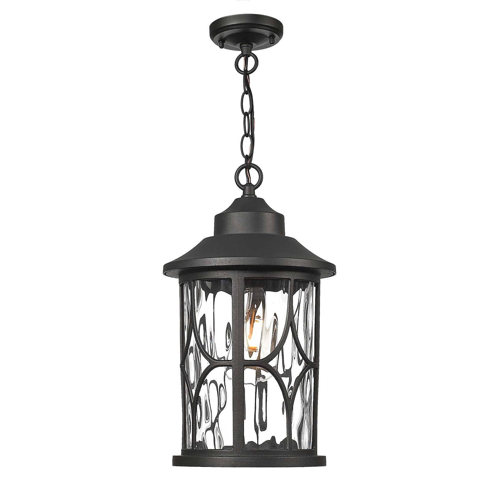 zeyu modern outdoor hanging porch light, 14.6 inch outdoor pendant lights for porch, die-cast aluminum with clear water ripple glass, black finish, zx48mh-wg bk
