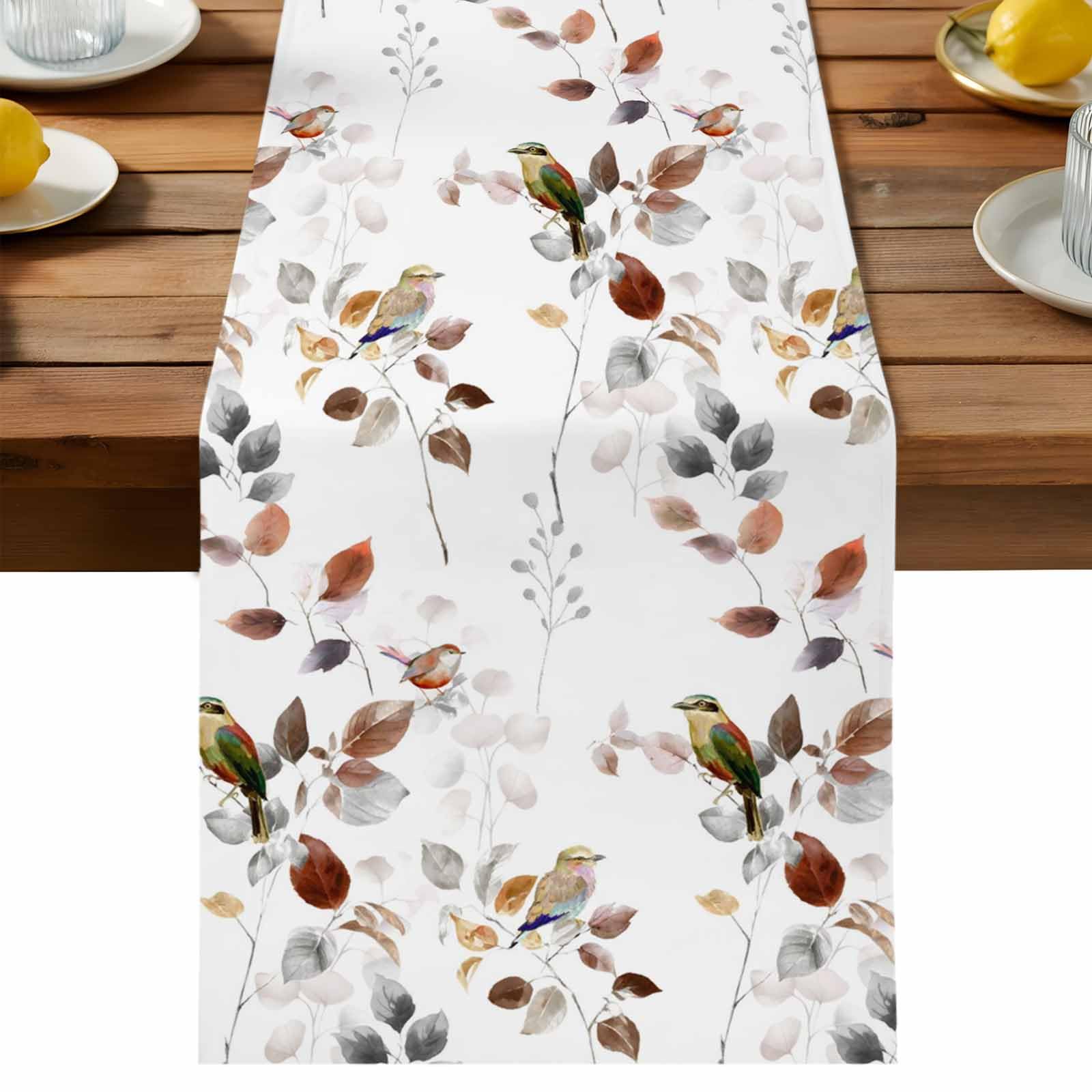 Falaniique Brown Leaves Table Runner 60 Inches Long, Cotton Linen Kitchen Dinner Table Runners, Burlap Tablerunner for Dresser/Dining/Party/Wedding,