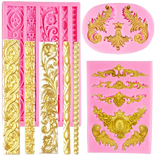 Silicone Fondant Molds, AIMEIKI 3 Pack 3D Baroque Fondant Molds Scroll Border Lace Silicone Molds Curlicues Gum Paste Candy Chocolate Molds for Birthday Wedding Party DIY Cake