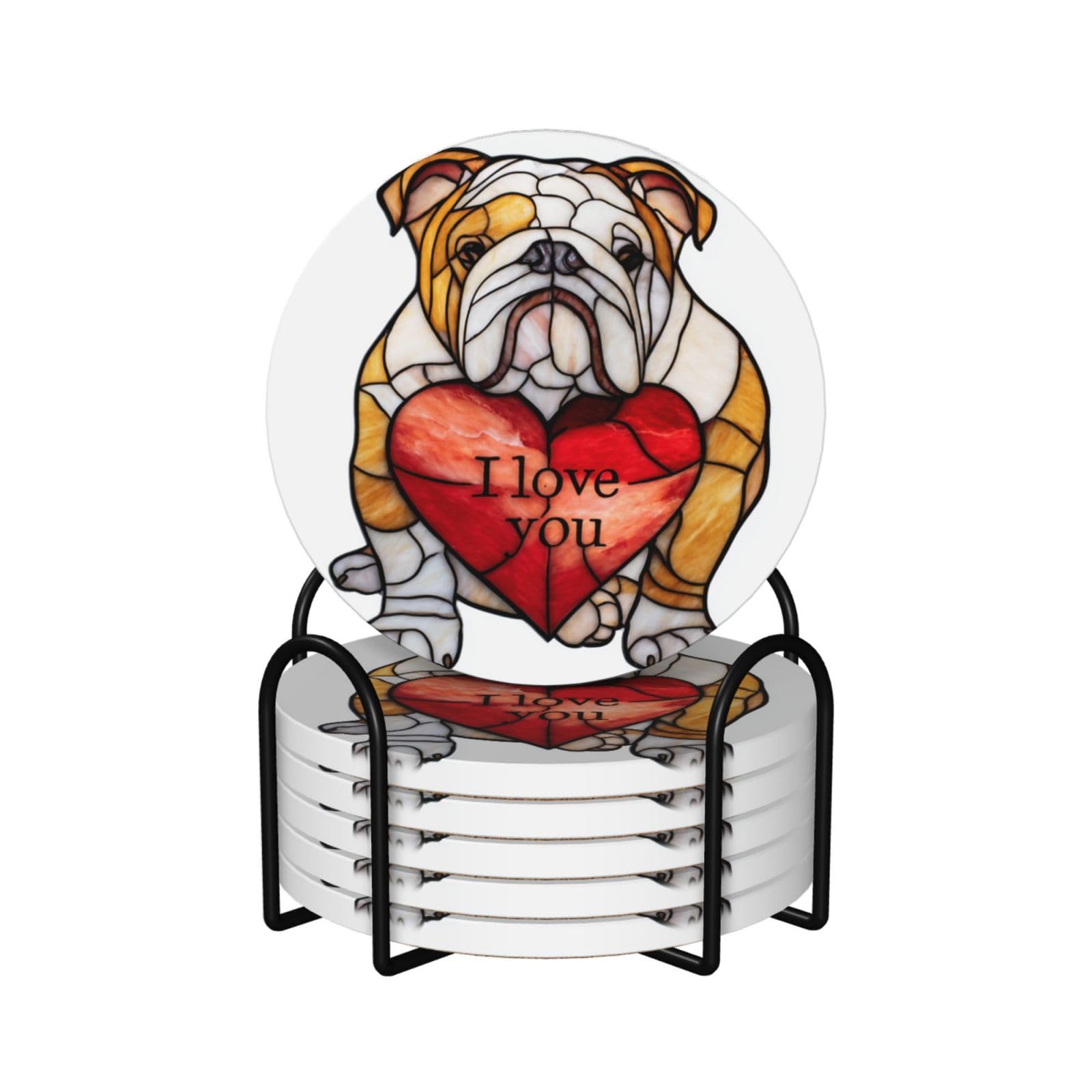 Stained Glass Bulldog Red Heart Ceramic Coasters with Holder 6ps