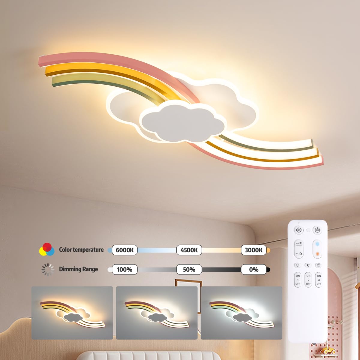 Lámpara de techo para habitación infantil 62 cm, luz LED con mando a distancia, nube creativa, lámpara de techo arcoíris, 3000 K-6000 K, intensidad variable, temporizador y luz nocturna para