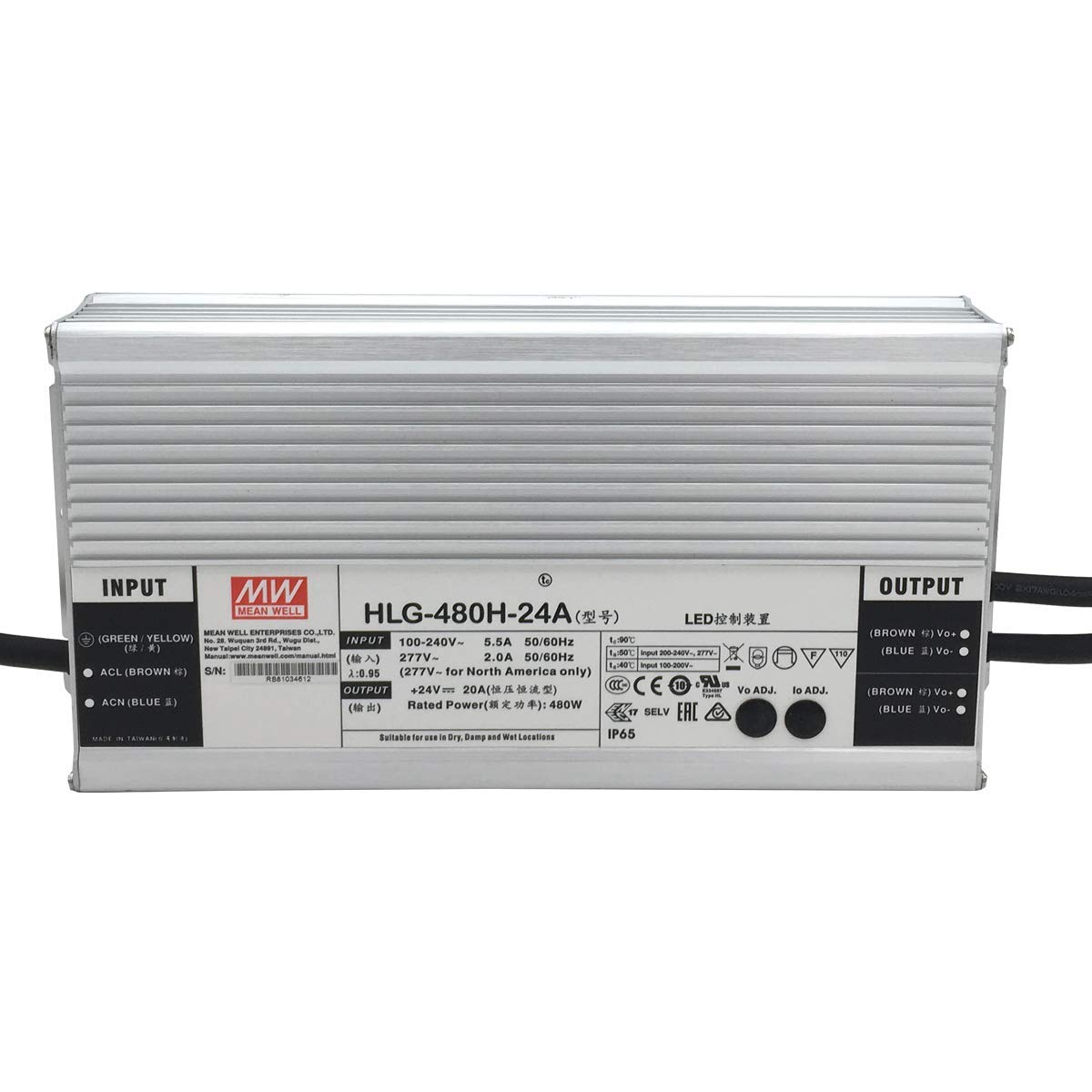 MEAN WELL HLG-480H-24A - Alimentatore LED Mean Well, 480 W, 24 V, IP65, tensione e corrente regolabili 24 V, 480 W