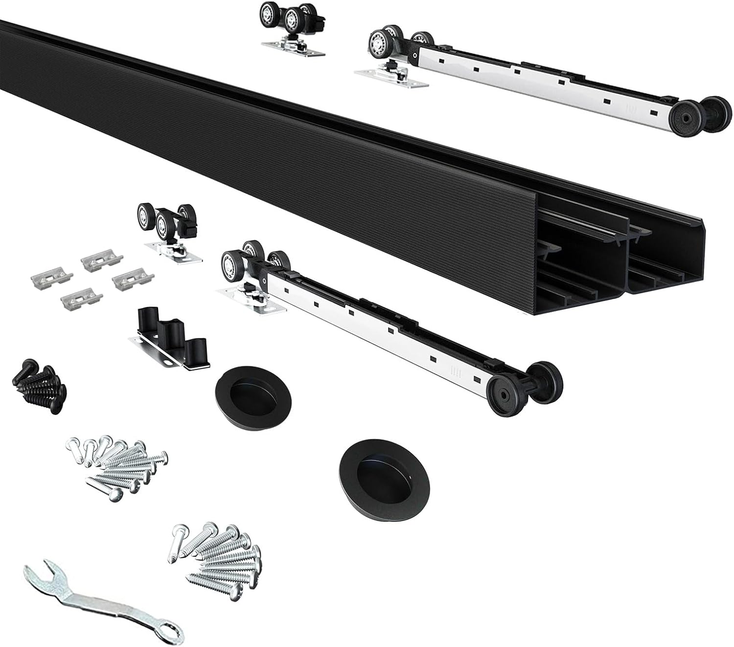 JUBEST 4FT/48" Heavy Duty Bypass Door Hardware with Soft Close Mechanism, Sturdy Closet Door Track for 2 Door System, Quietly and Smoothly, Fit Door Thickness 1 3/8" or 1 3/4", Easy to Install, Black