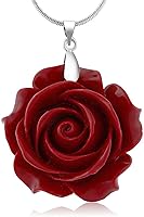GemStoneKing 35mm Red Simulated Coral Carved Rose Flower Pendant Necklace with 16" + 2" Extender Chain