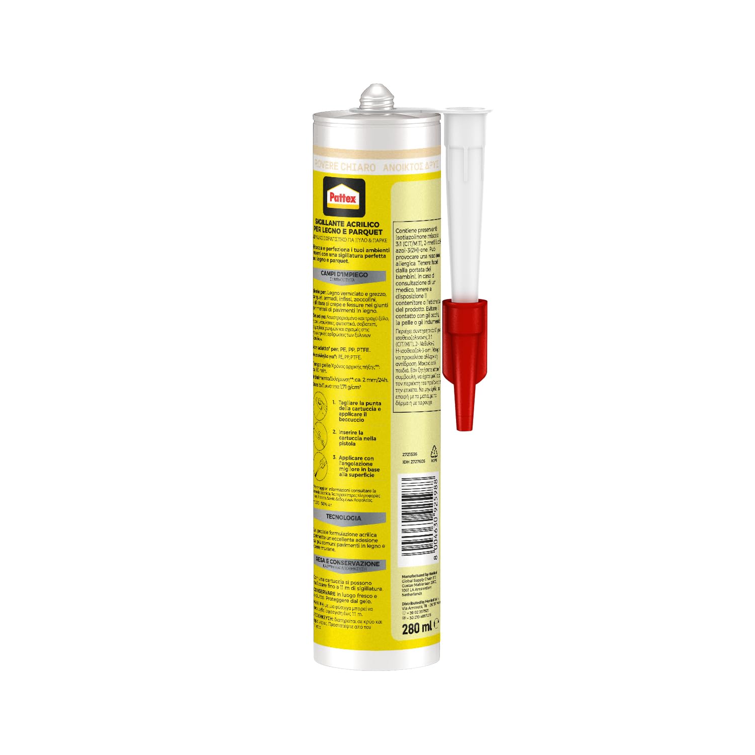 Pattex Legno E Parquet, Sigillante Color Rovere Chiaro, Silicone Sigillante per pavimenti Inodore e Facile da Lisciare, Colla per Legno Verniciabile e Carteggiabile, 1 Cartuccia da 280 ml