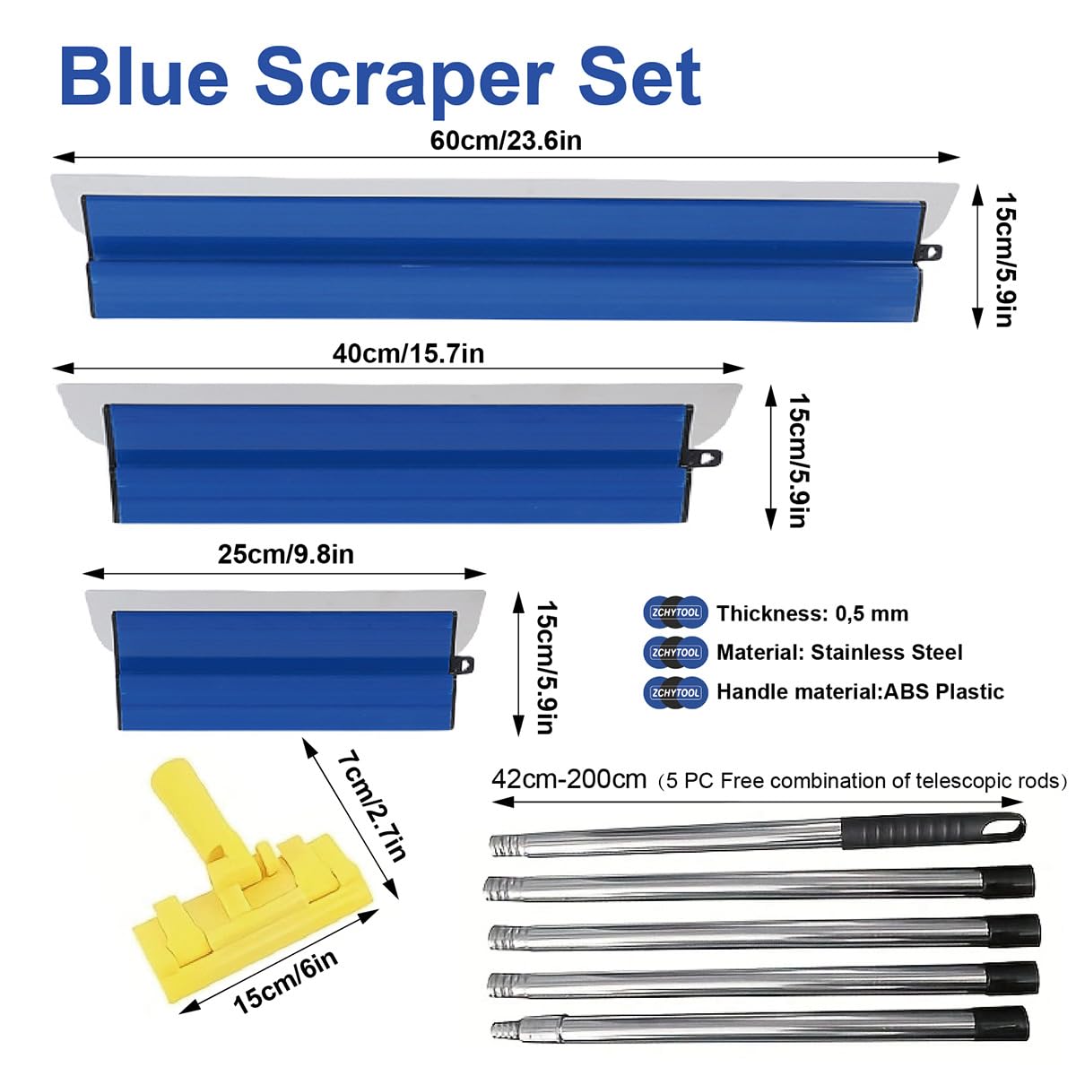 Spatola Superficie, 60cm/40cm/25cm, Asta Telescopica 42-200 cm Spatola di Finitura per Intonacare Pareti e Soffitti