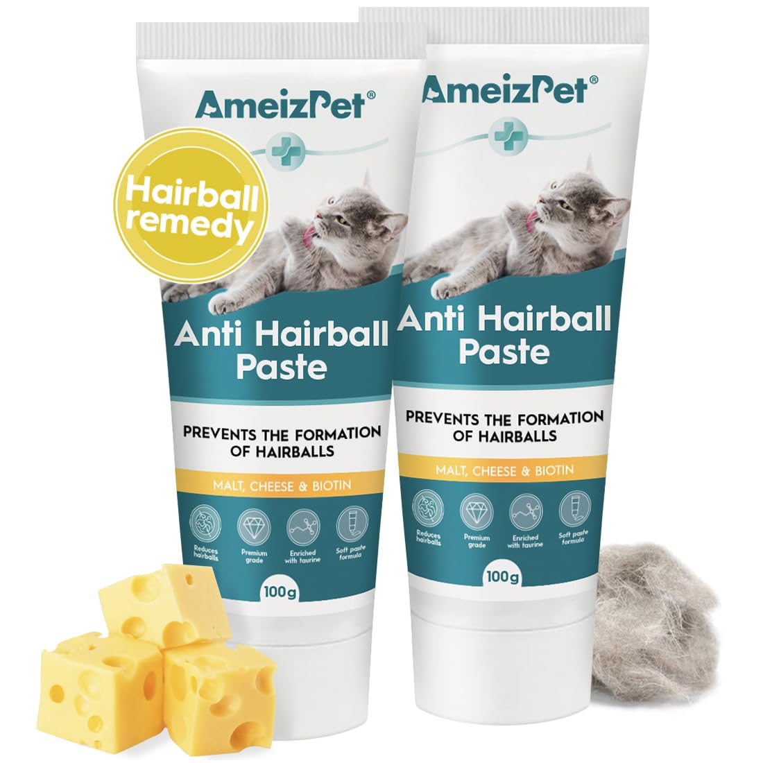 AmeizPet Malta para Gatos Bolas de Pelo, Pasta con Malta - Suplemento para Gatos de Pelo Largo y Corto con Taurina y Queso, 2 pz x 100g (3.52 Oz)