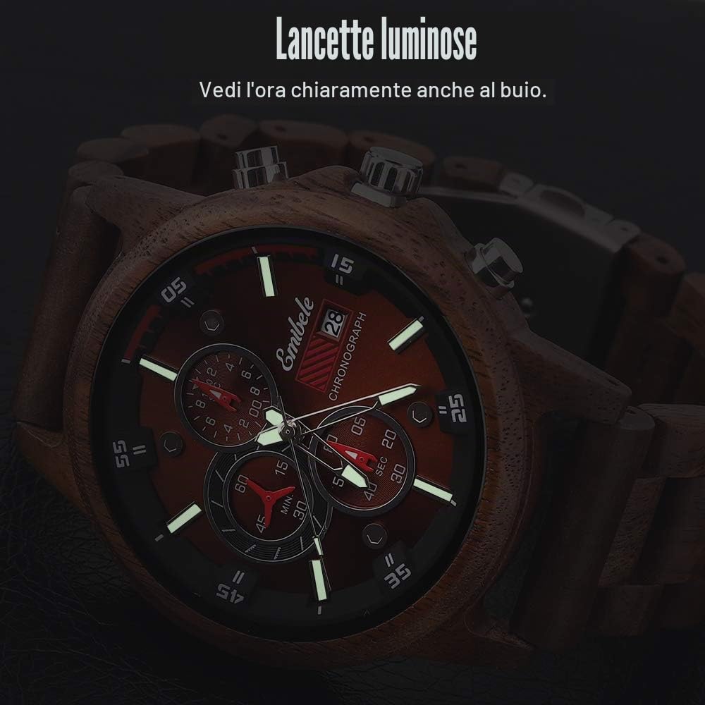 Emibele Orologio da Uomo in Legno, Orologio da Polso al Quarzo Cronografo con Datario, Leggero e Fatto a Mano 3 Quadranti Secondari Resistente ai Graffi Elegante