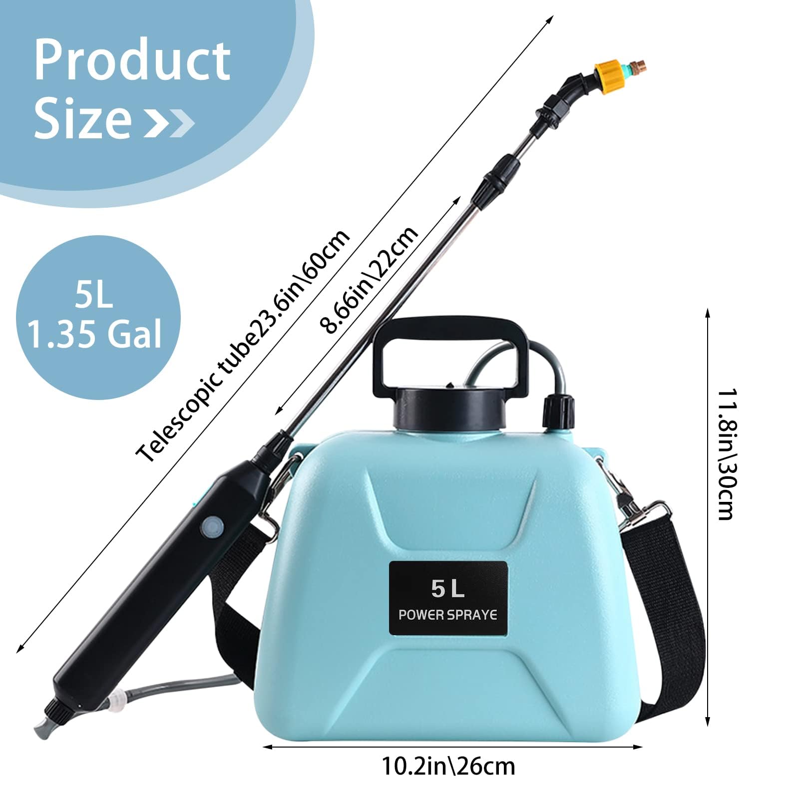 Procci Spruzzatore a batteria da 5 l, spruzzatore elettrico ad alta capacità e 3 ugelli per nebbia, manico ricaricabile da 2000 mAh, dura 180 minuti, spruzzatore da giardino, spruzzatore per erbacce