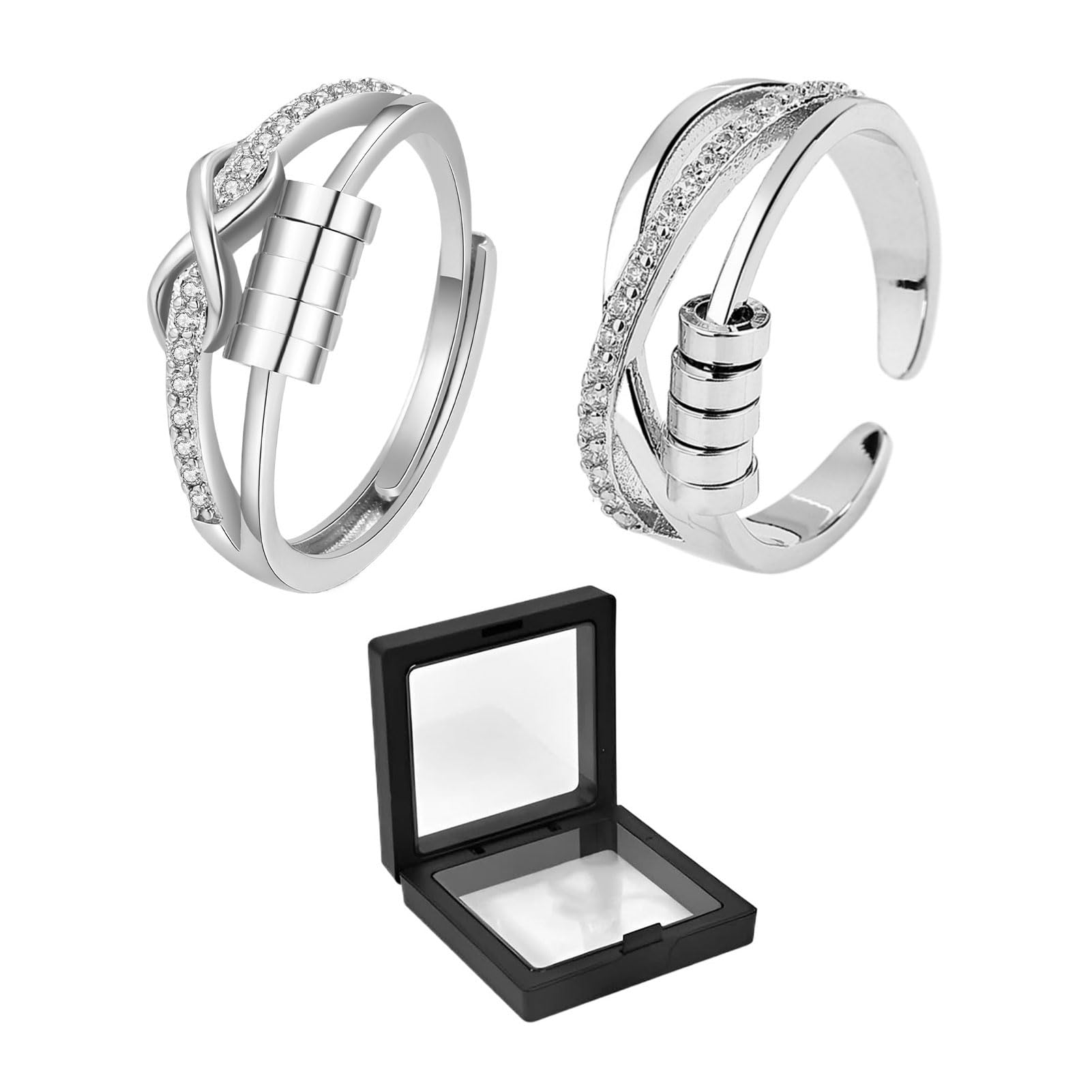 2PCS Anxiety Ring,Silver Fidget Rings for Anxiety Women,Rotatable Anxiety Rings for Women,Adjustable Open Cubic Spinner Bead Ring,Anxiety Rings for Girls,Fidget Ring for Anxiety,for Stress Relief
