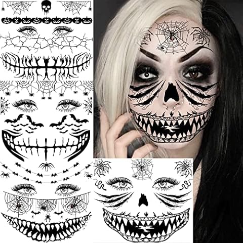 EGMBGM 4 Sheets Scary Halloween Face Temporary Tattoos For Women Men, 3D Witch Zombie Makeup Kit For Kids Girls Boys Adults, Dia de los muertos Day of the Dead Makeup Face Tattoos Spider Web Bat Scar Cover